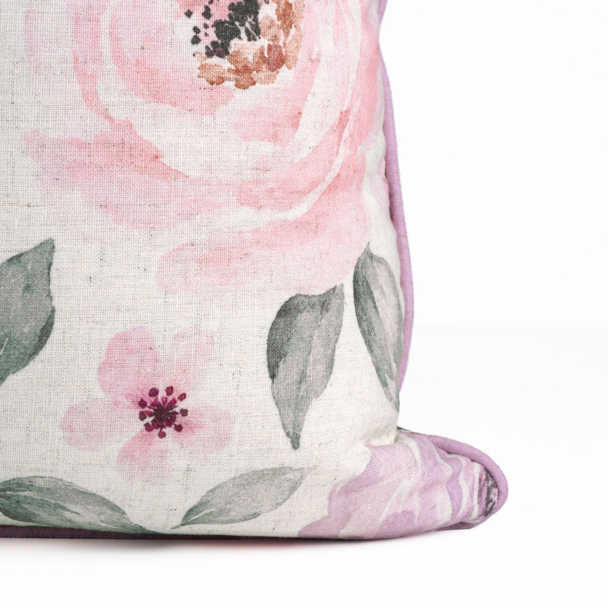 Rose Floral Printed Cream Viscose Linen Piping Cushion Cover 