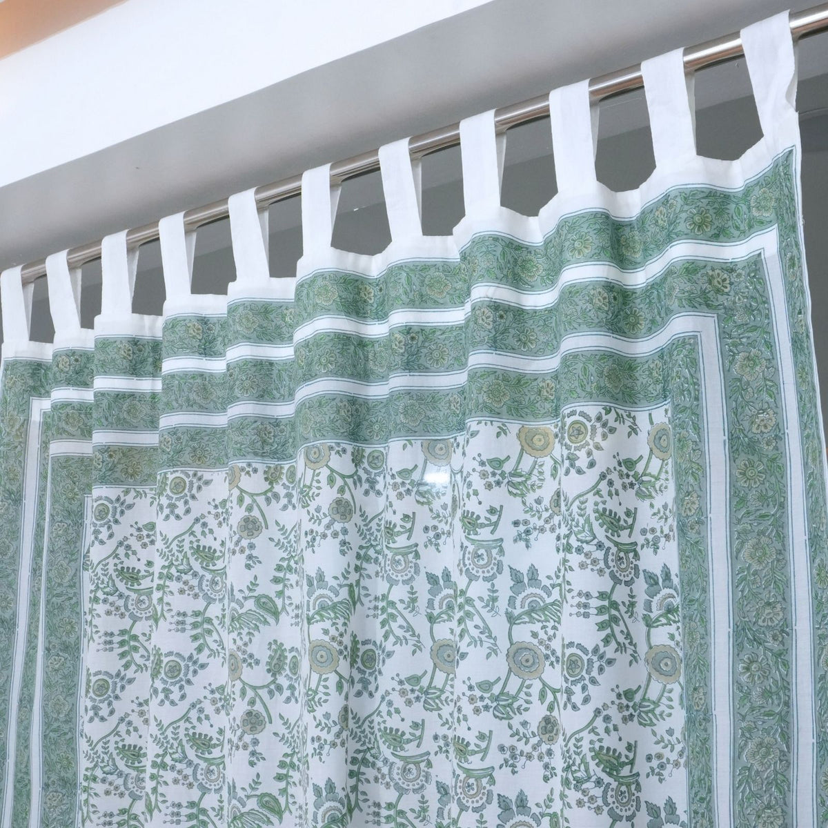 Block Print Arpan Sage Green Floral Cotton Curtain