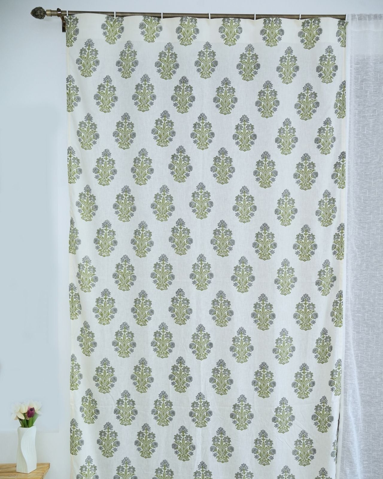 Indian Block Print Ring Curtain in Green & Grey Floral - Morpankh