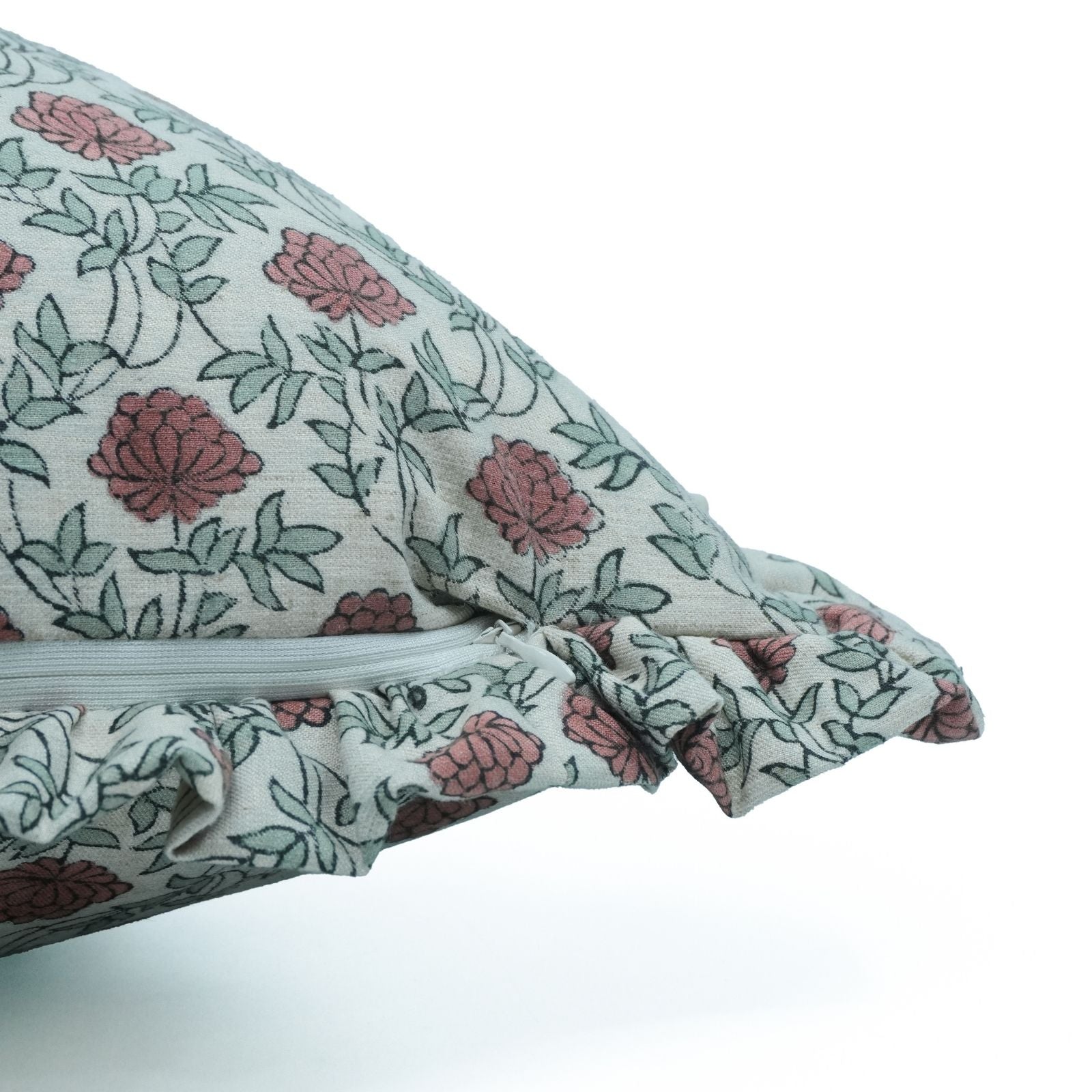 Block Print Red Floral Farmhouse Frill Pillow Cover - Khushbu