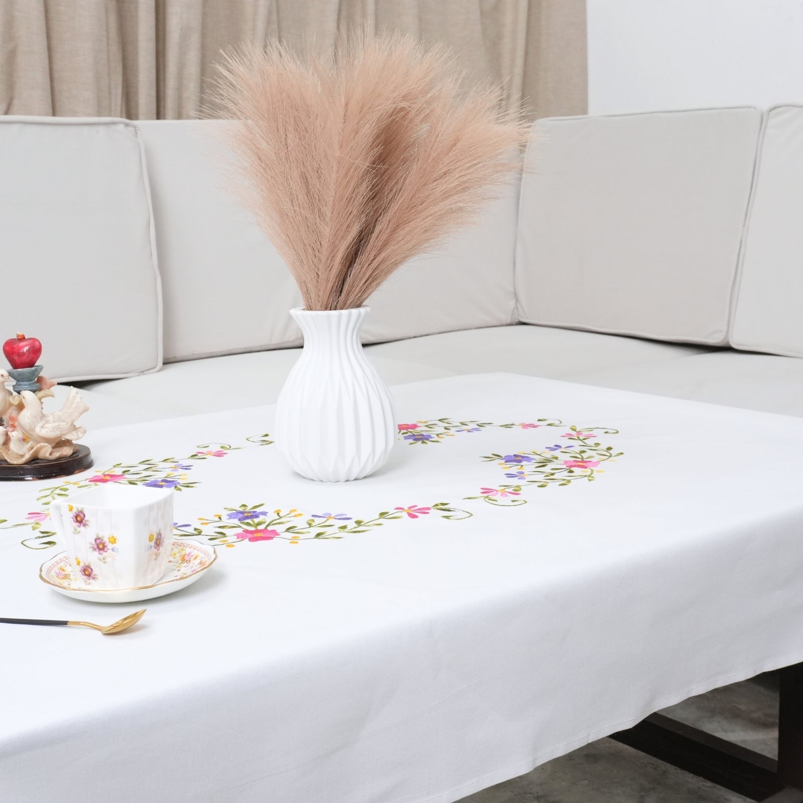 Pink Green Floral Boho Embroidered Pure Cotton Table Cover | Decor