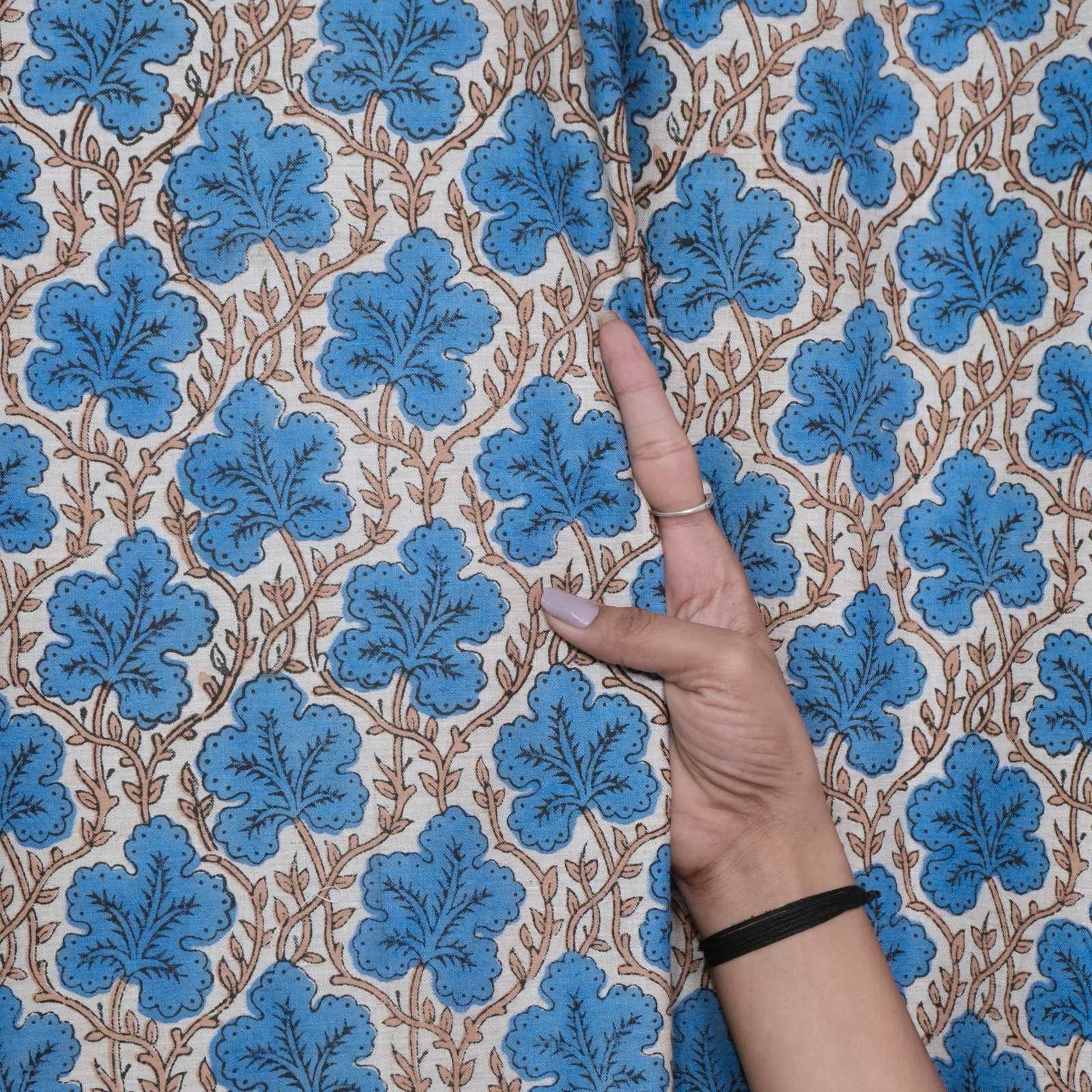 Cornflower Blue Leaf Vine Hand Block Print Linen Tab Top Drapes - Pushpsamhita