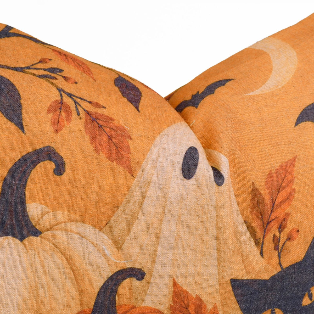 Haunted Cat Printed Orange Linen Lumbar Pillow Cover
