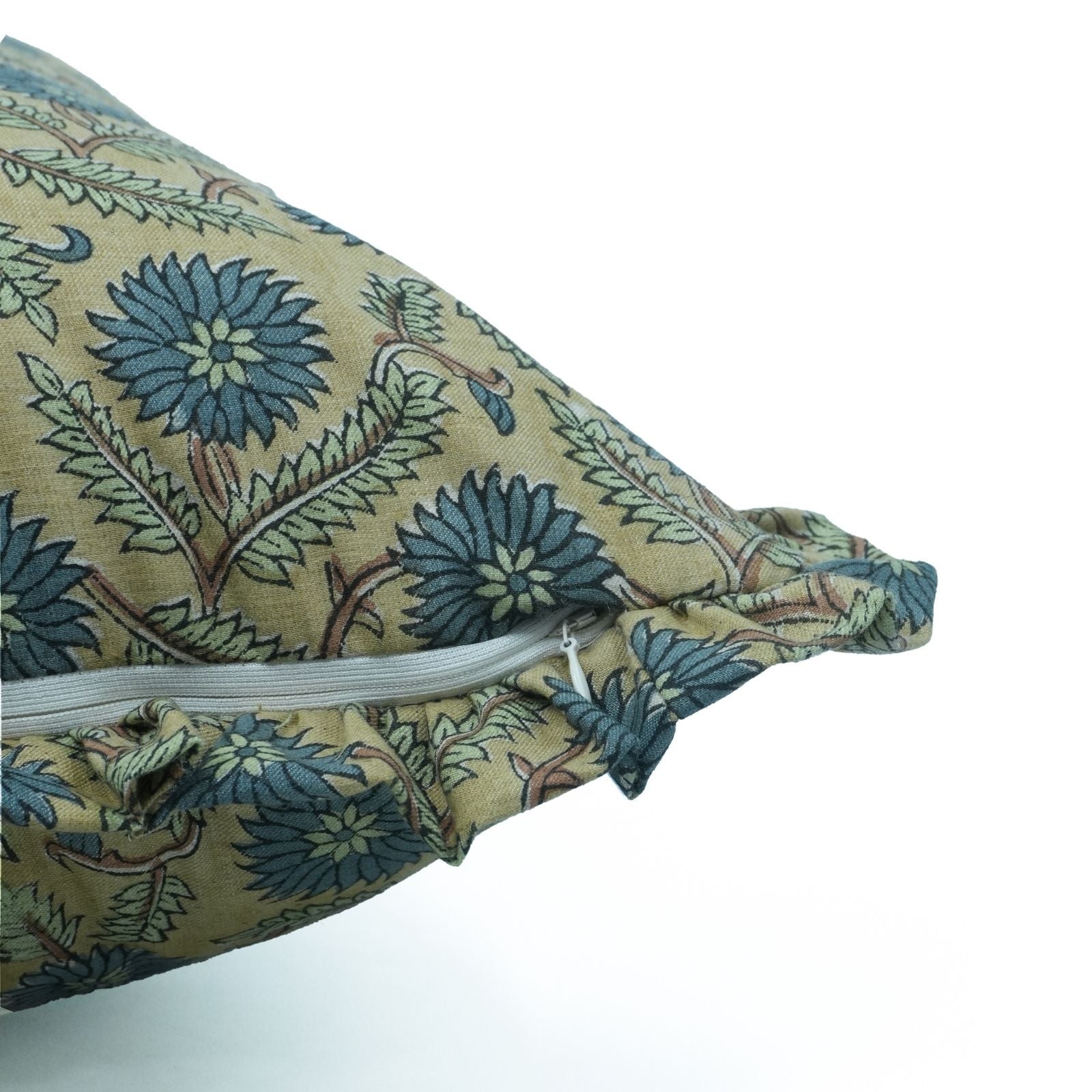 Block Print Frill Linen Blend Indoor Sofa Pillow Cover - Swarna