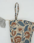 Block Printed Holiday Christmas Stockings in Linen Brown & Blue Floral with Pom Pom Decorative - Mandakni