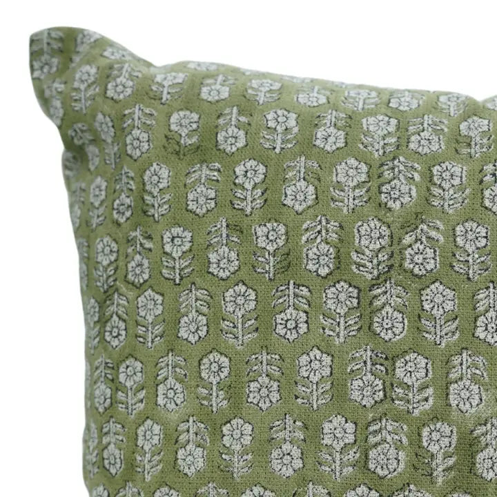 Indian Traditional Print Olive Green Linen Pillow - Tulsi Buti 