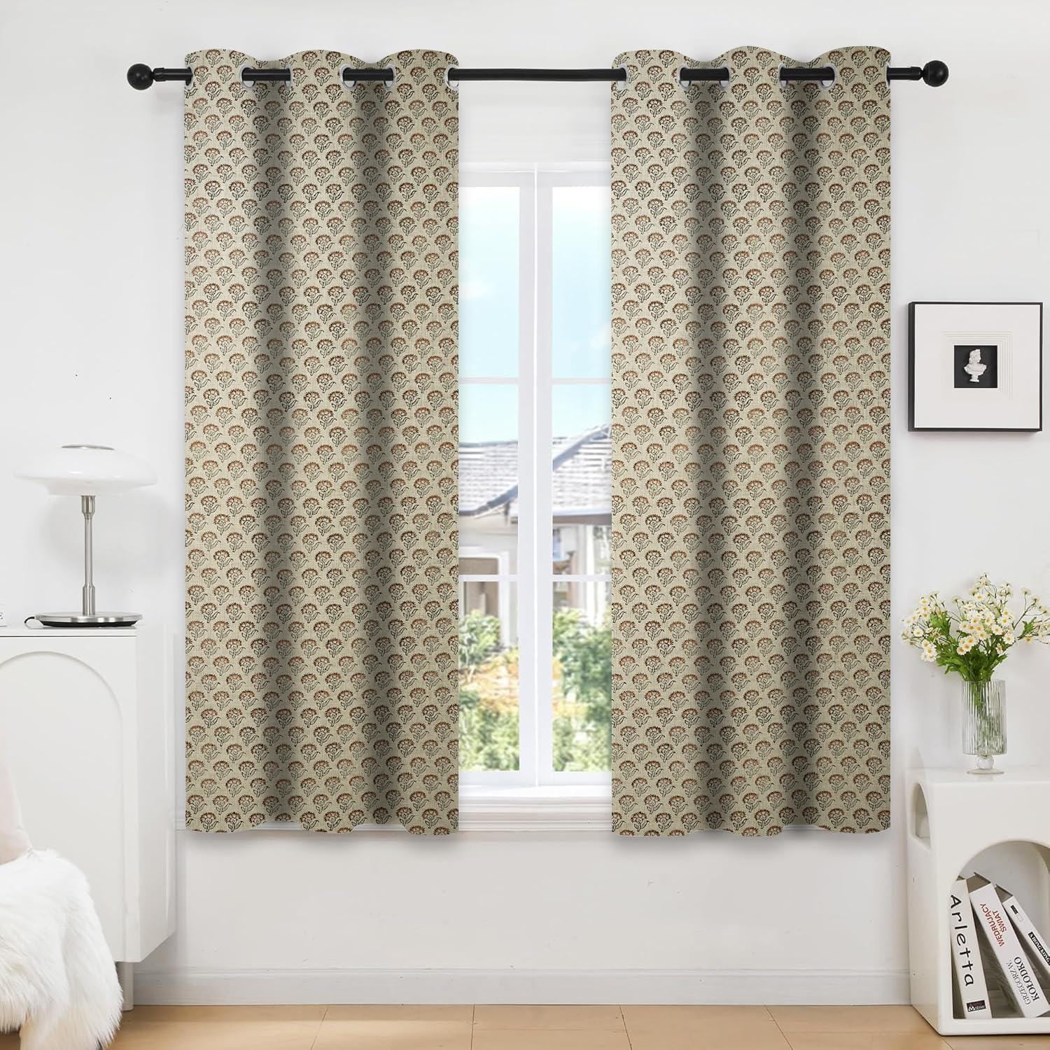 Room Darkening Floral Blackout Curtain - Thick Linen Drapery with Hand Block Print Design - Juju