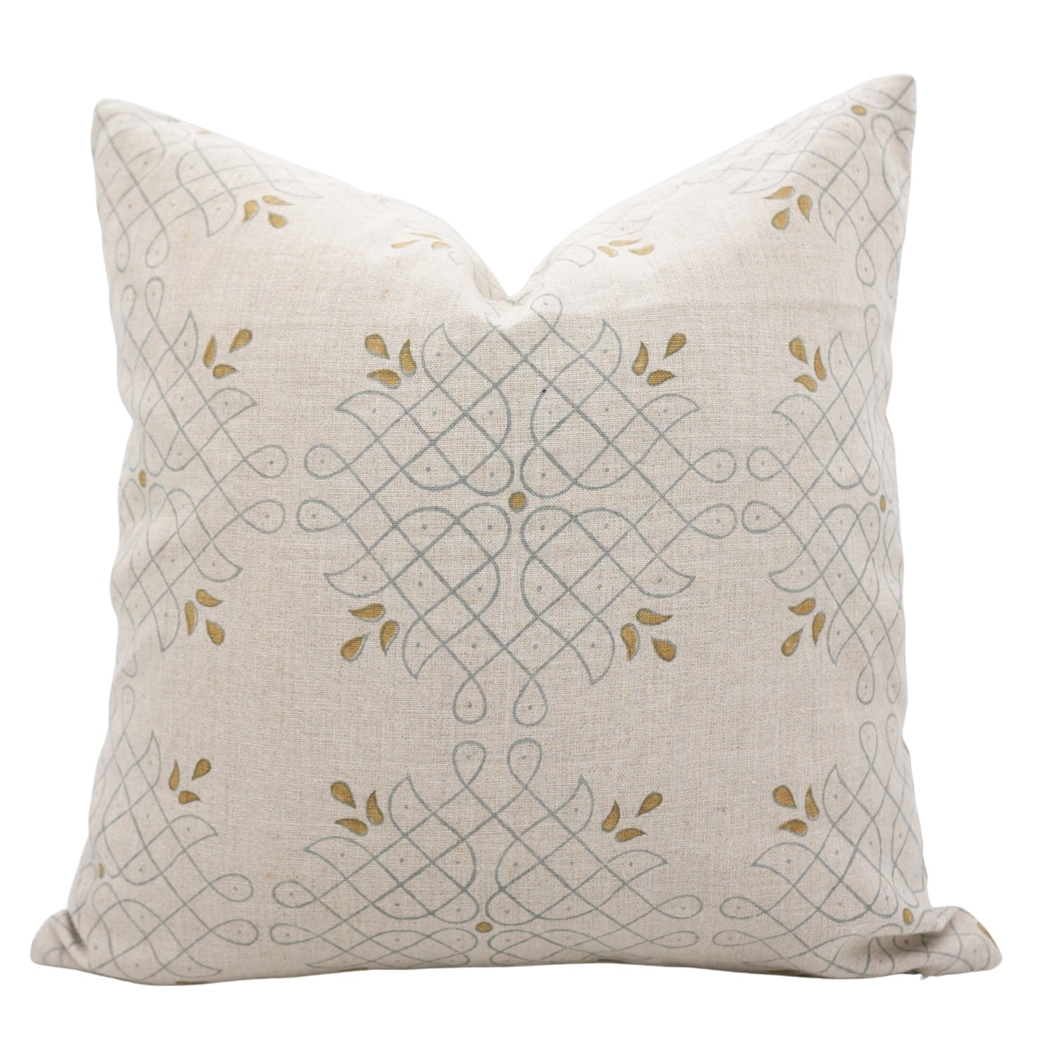 Handcrafted Woodblock Printed Gray & Mustard Floral Cushion Cover in 100% Pure Linen for Farmhouse Decor