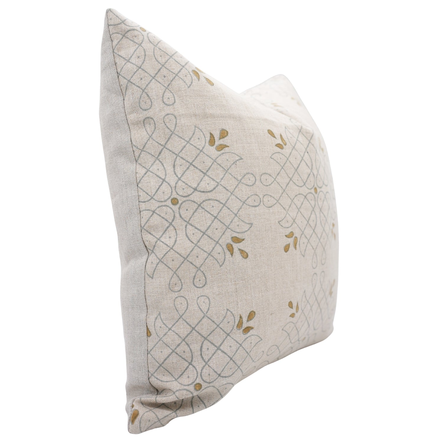 Handcrafted Woodblock Printed Gray & Mustard Floral Cushion Cover in 100% Pure Linen for Farmhouse Decor