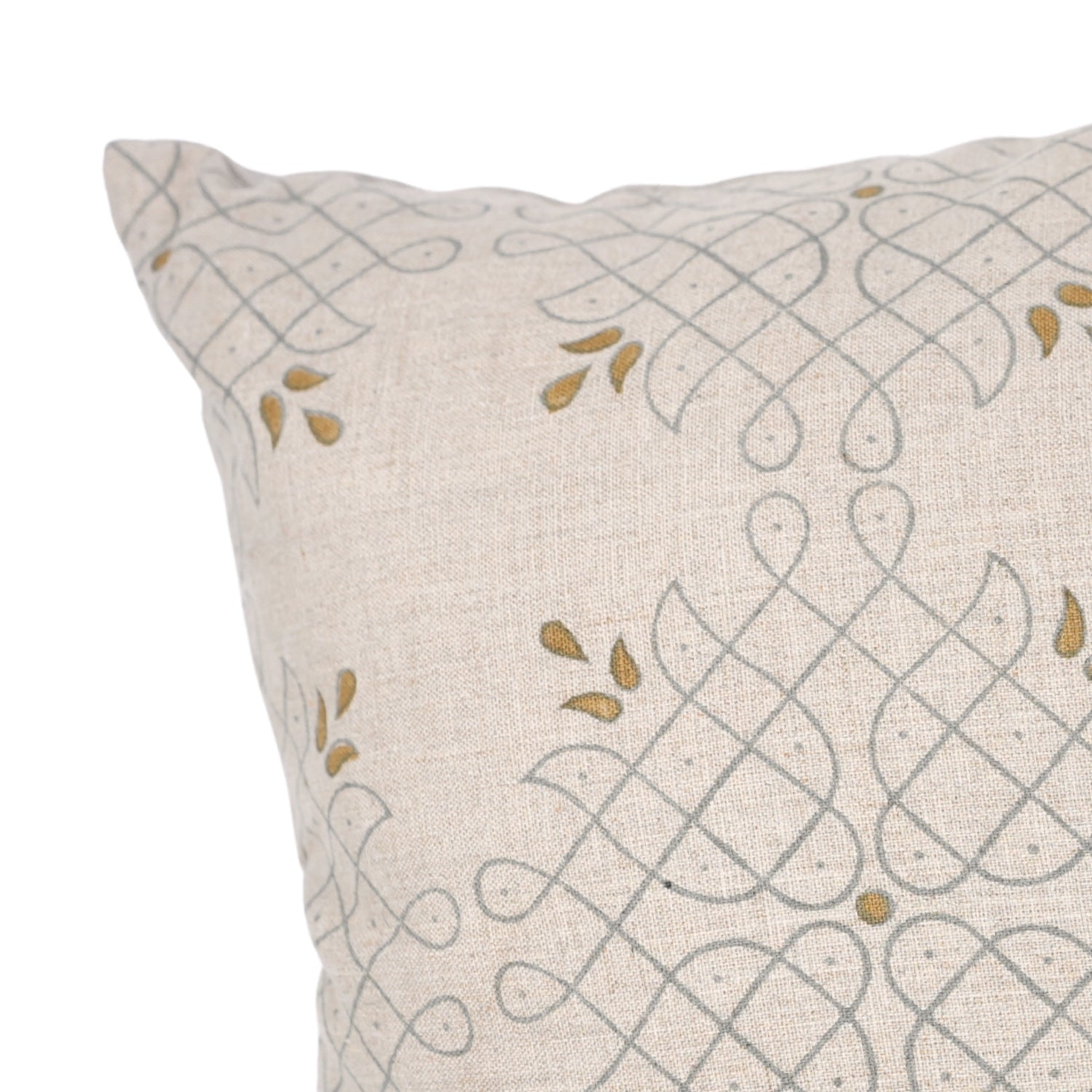 Handcrafted Woodblock Printed Gray & Mustard Floral Cushion Cover in 100% Pure Linen for Farmhouse Decor