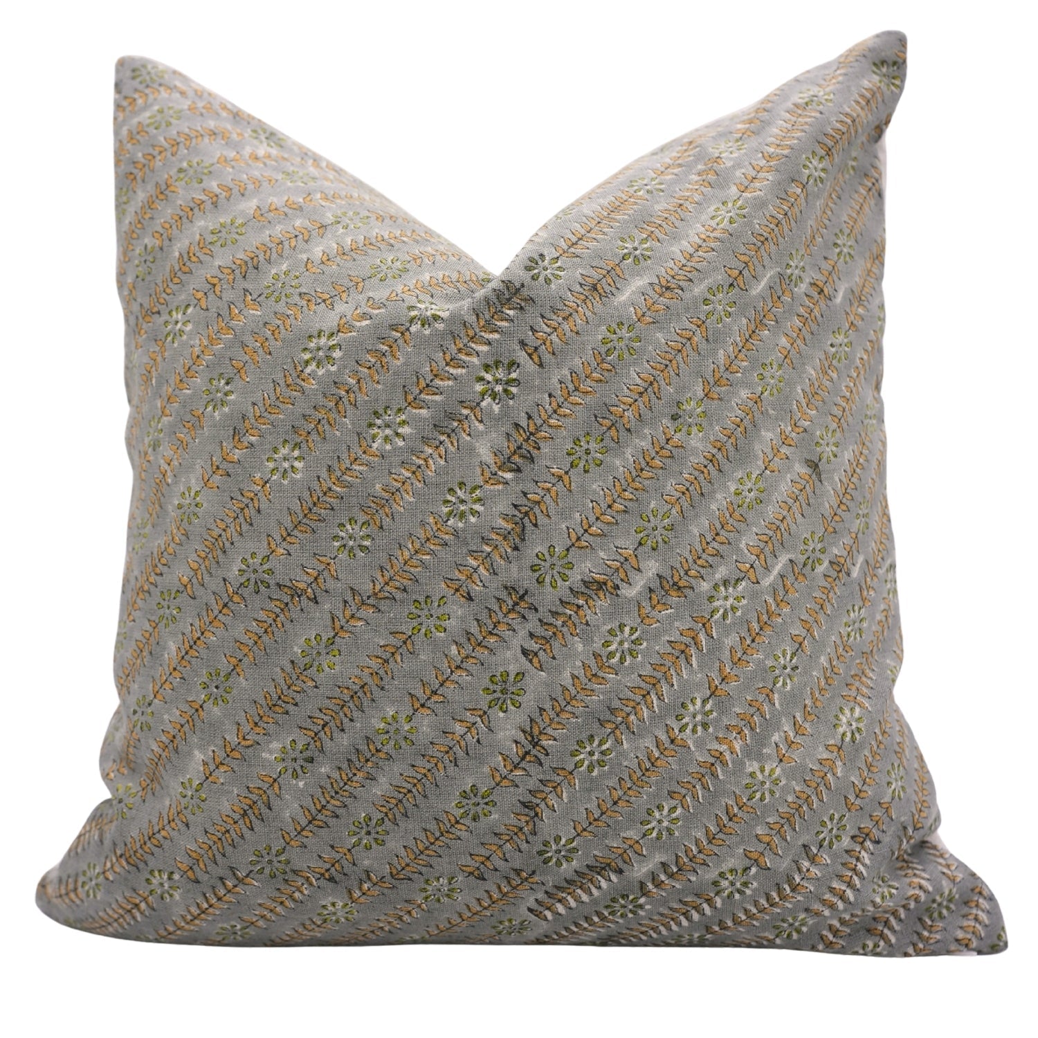 Handmade Block Printed Pure Linen Cushion Case with Vintage Gray, Green & Mustard Floral for Bedroom & Indoor Spaces