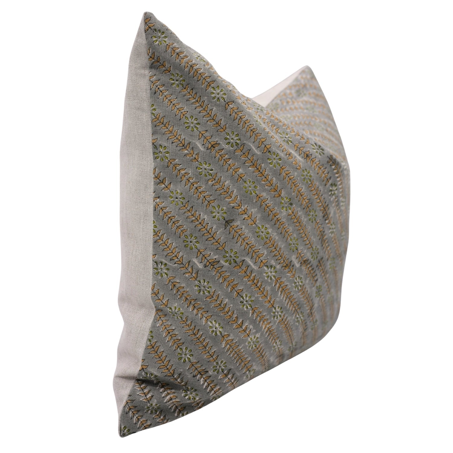 Handmade Block Printed Pure Linen Cushion Case with Vintage Gray, Green & Mustard Floral for Bedroom & Indoor Spaces