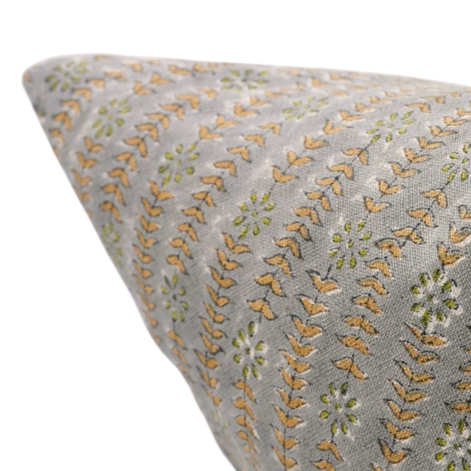 Handmade Block Printed Pure Linen Cushion Case with Vintage Gray, Green & Mustard Floral for Bedroom & Indoor Spaces