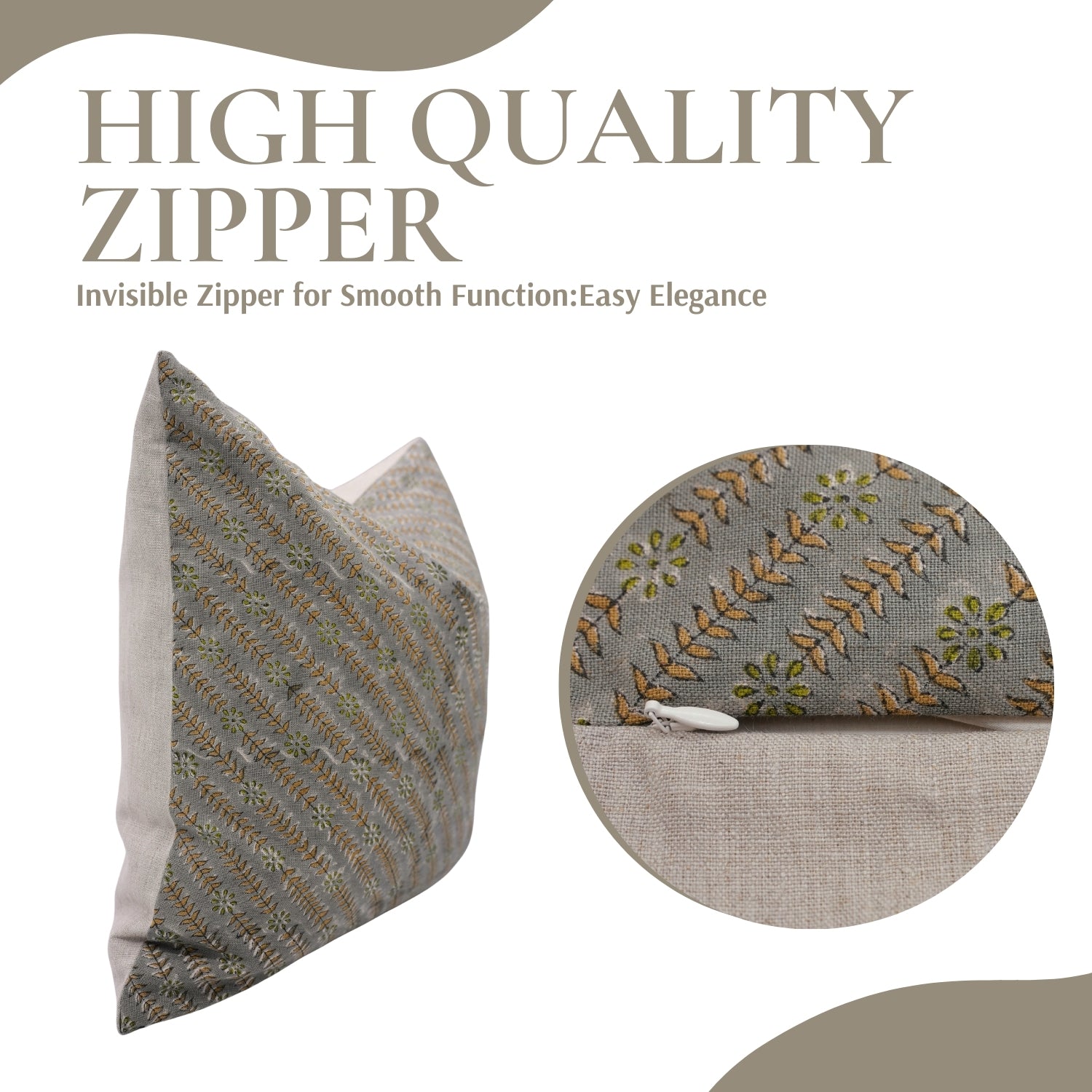 Handmade Block Printed Pure Linen Cushion Case with Vintage Gray, Green & Mustard Floral for Bedroom & Indoor Spaces