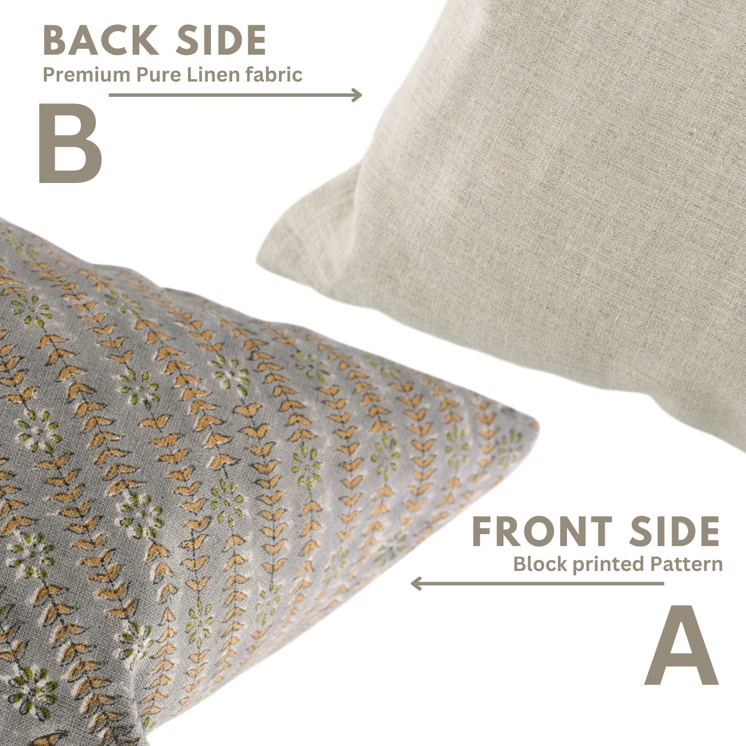 Handmade Block Printed Pure Linen Cushion Case with Vintage Gray, Green & Mustard Floral for Bedroom & Indoor Spaces