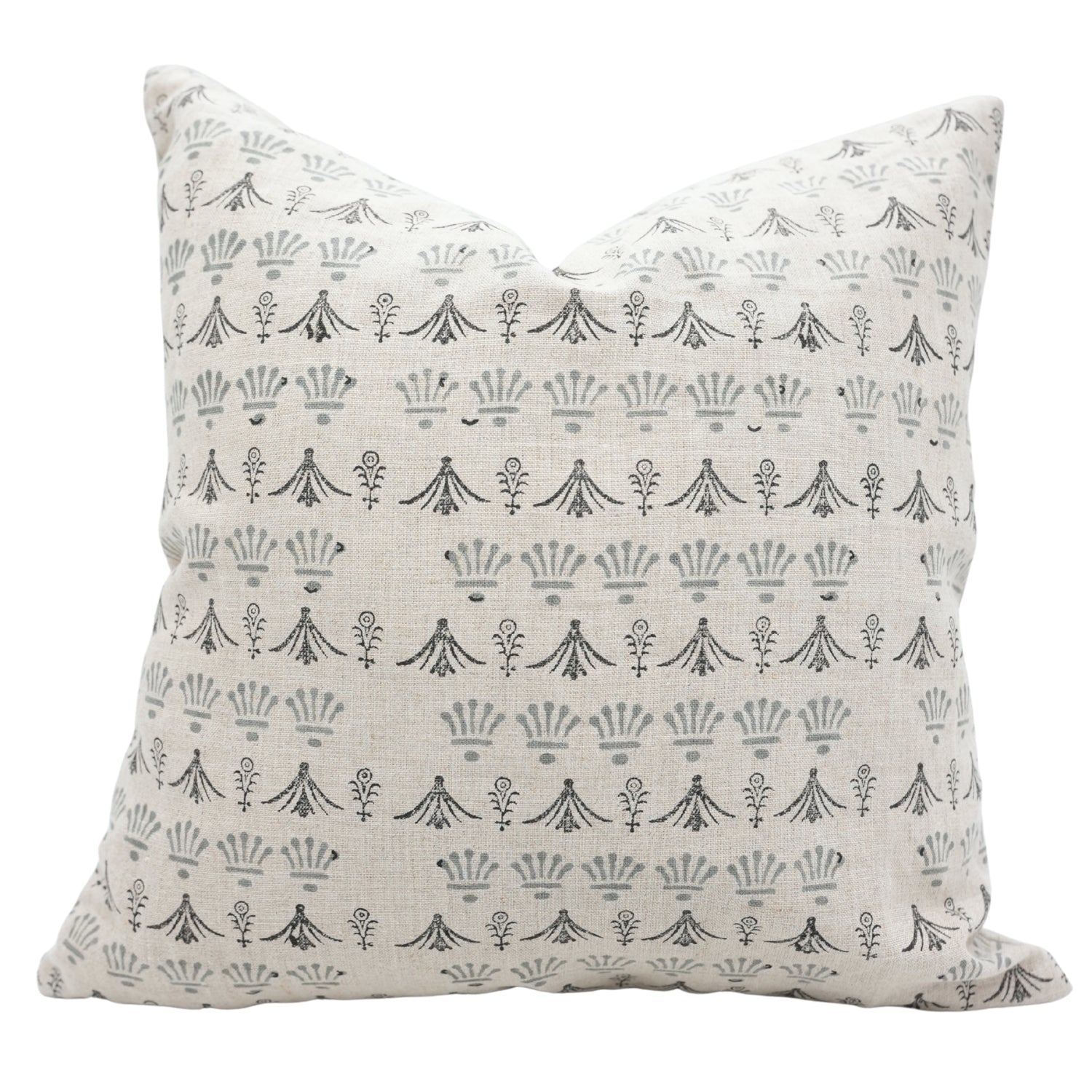 Block Printed Handcrafted Gray and Black Floral Throw Pillow Case on Pure Linen Elegant Boho Farmhouse Accent - HASTKALA