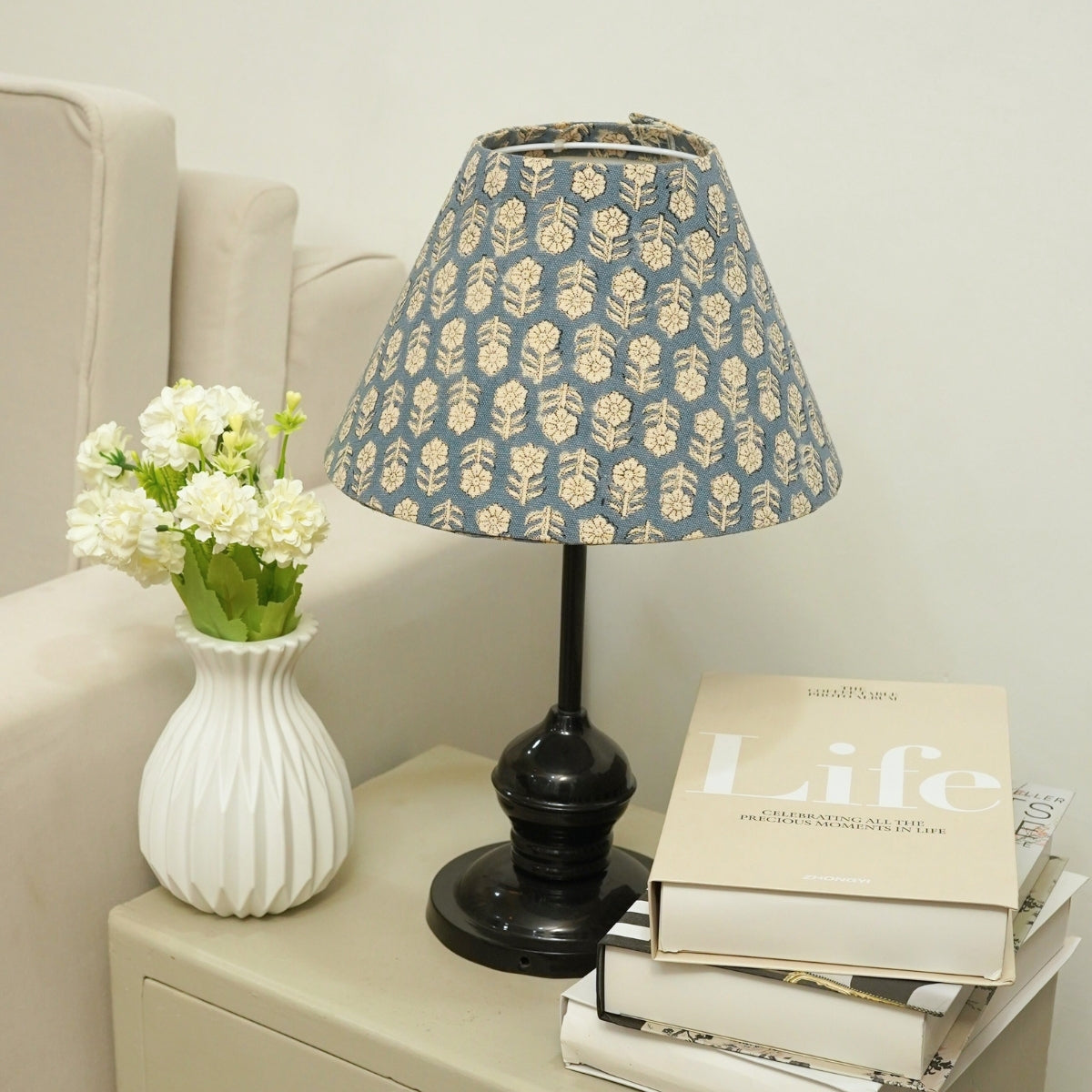 Blue Beige Floral Tulsi Buti Duck Canvas Handmade Lampshades