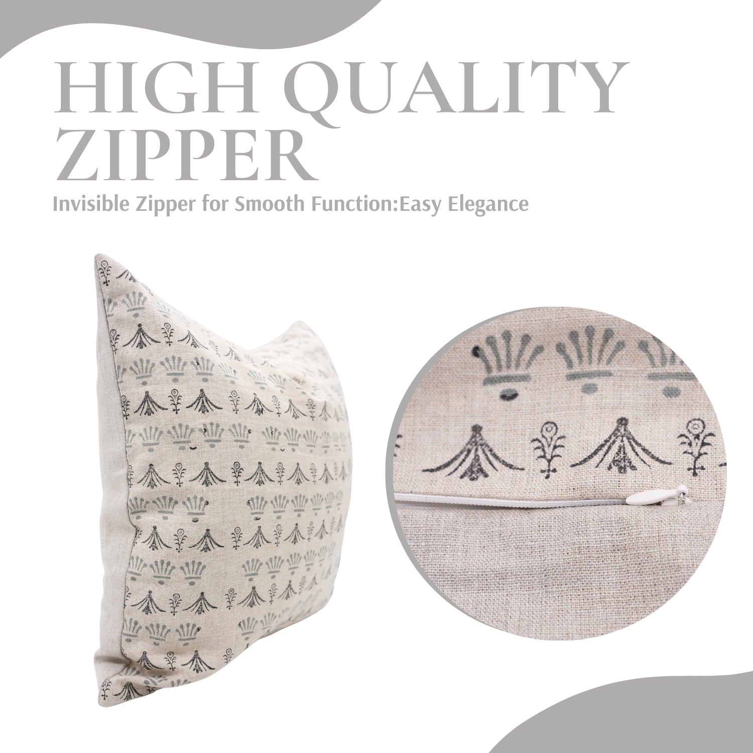 Block Printed Handcrafted Gray and Black Floral Throw Pillow Case on Pure Linen Elegant Boho Farmhouse Accent - HASTKALA