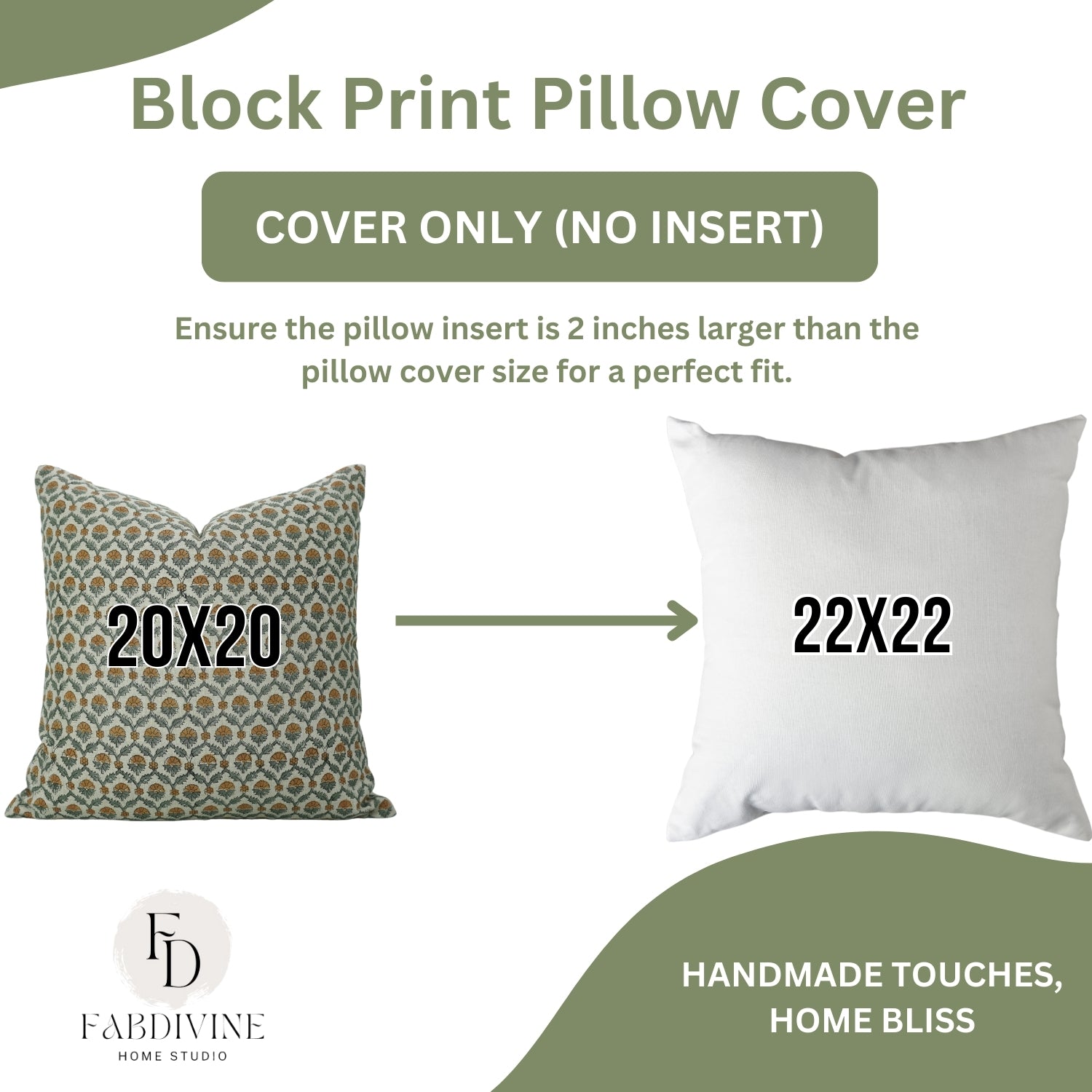 Handmade Floral Brown and Green Block Printed Pure Linen Pillow Cover - Shehnaaz