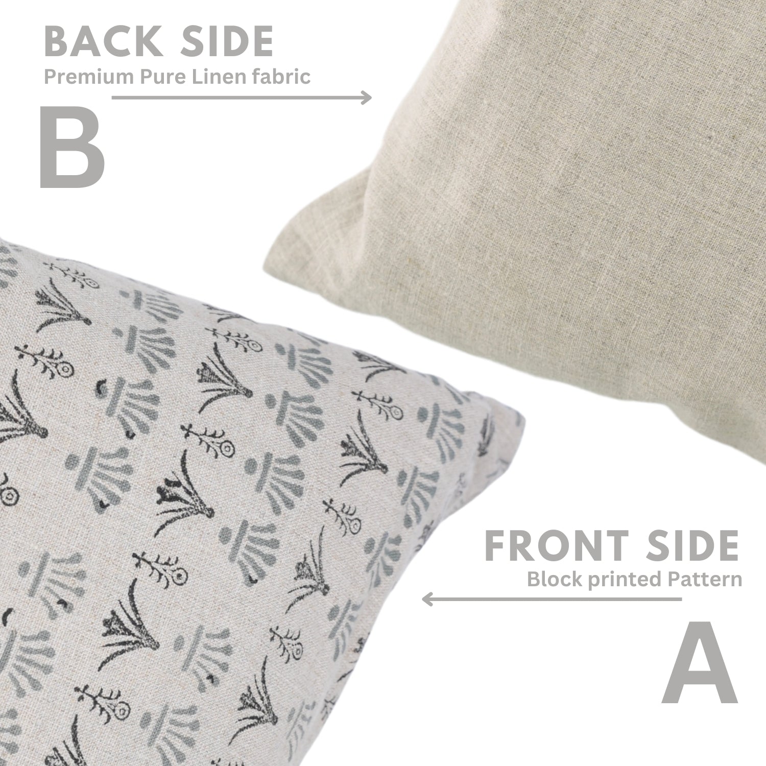 Block Printed Handcrafted Gray and Black Floral Throw Pillow Case on Pure Linen Elegant Boho Farmhouse Accent - HASTKALA