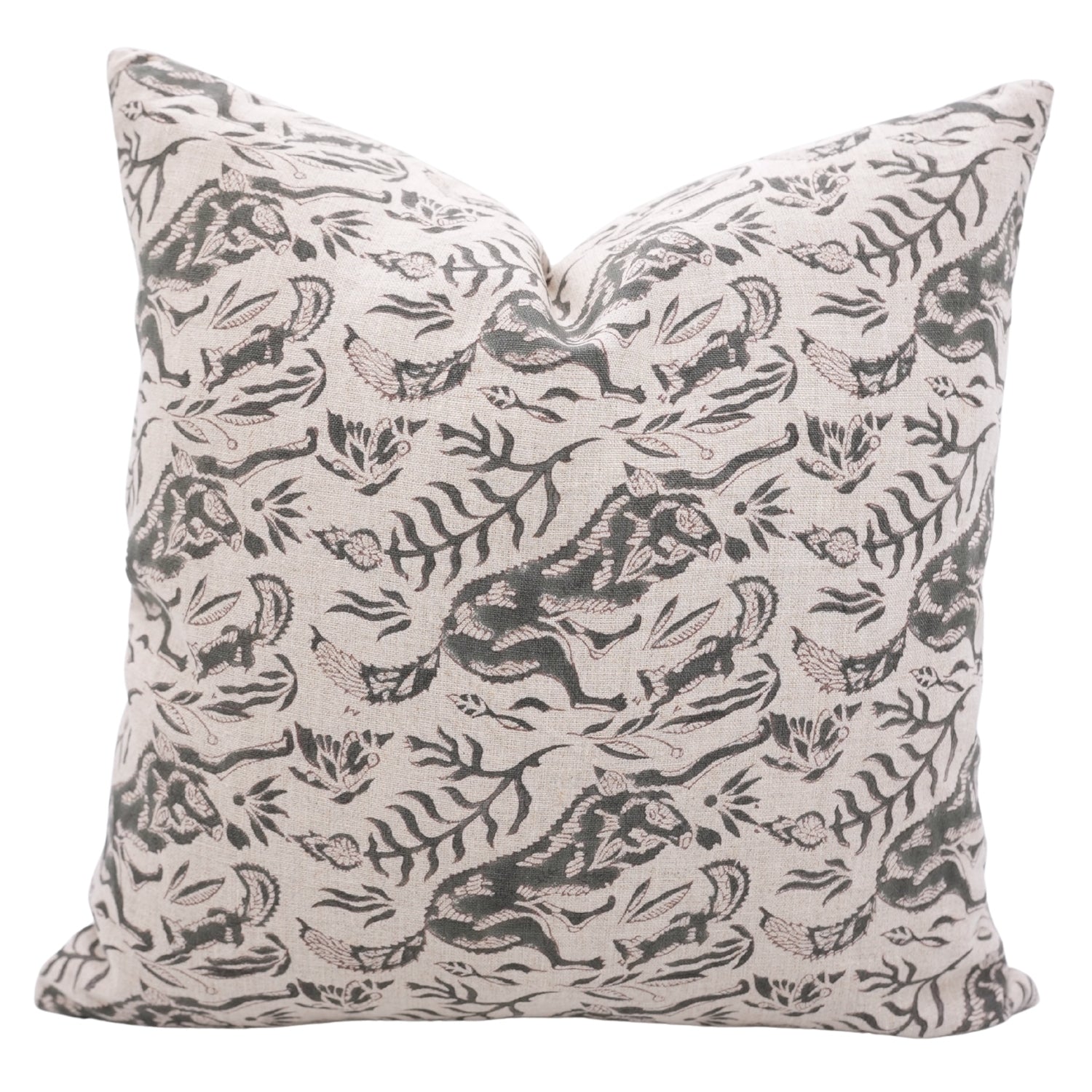 Hand Stamped Premium Pure Linen Cushion Protector with Brown & Gray Floral Design for Cozy Home Decor - MOON FOX
