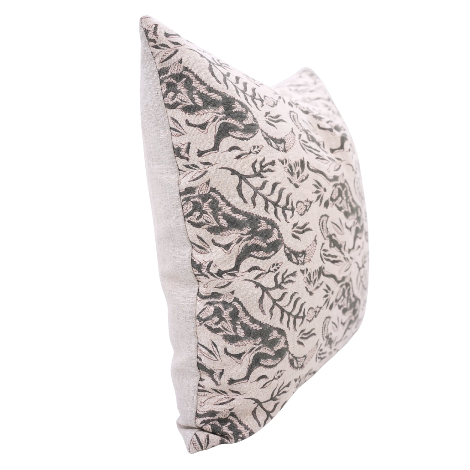 Hand Stamped Premium Pure Linen Cushion Protector with Brown & Gray Floral Design for Cozy Home Decor - MOON FOX