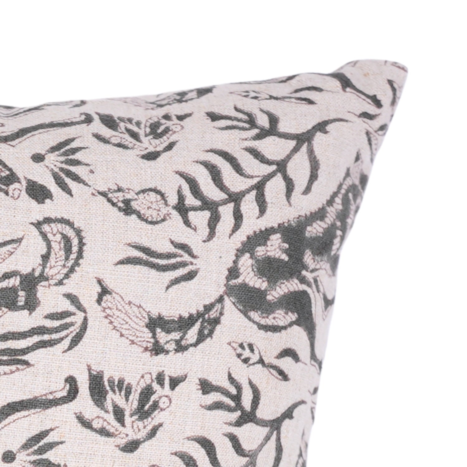 Hand Stamped Premium Pure Linen Cushion Protector with Brown & Gray Floral Design for Cozy Home Decor - MOON FOX