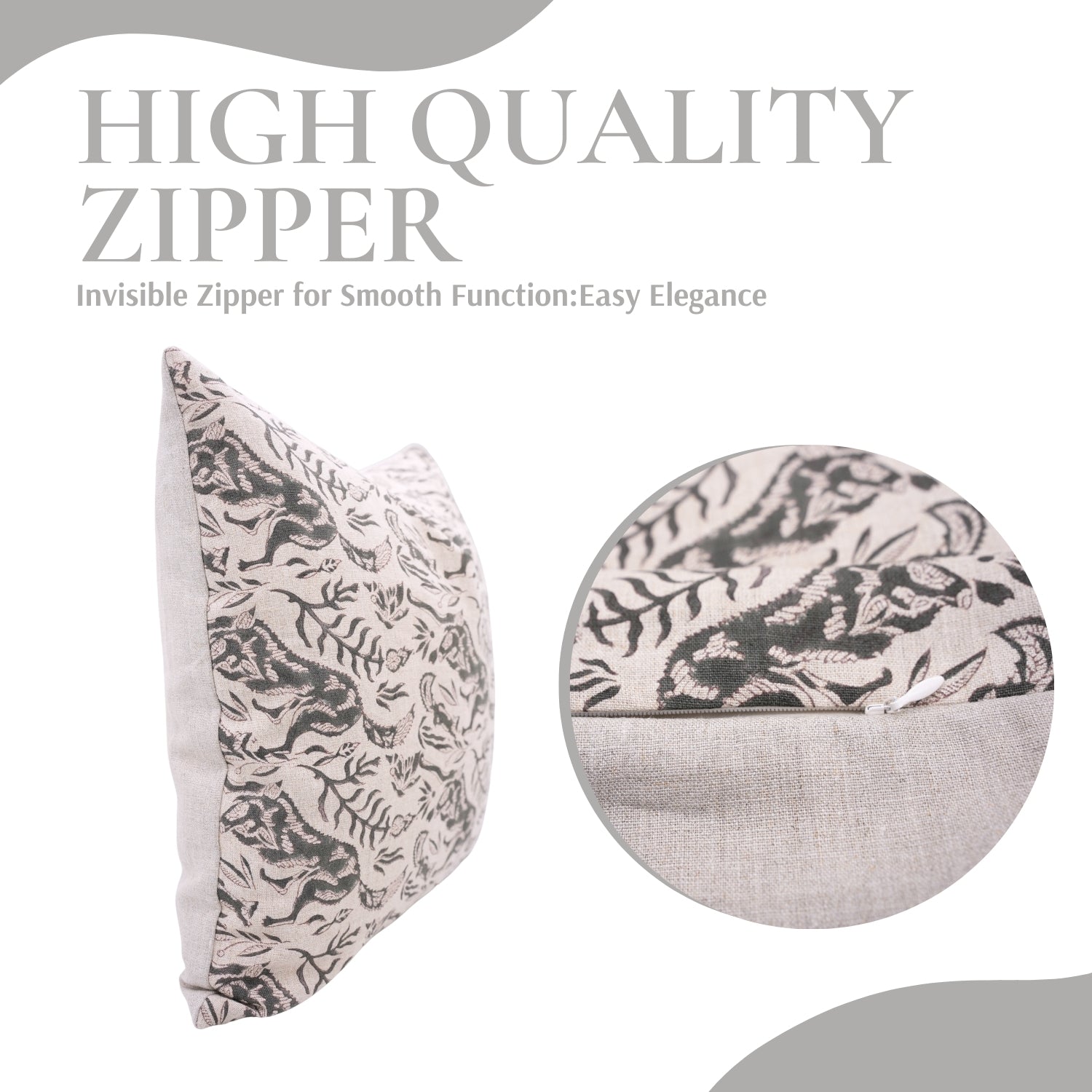 Hand Stamped Premium Pure Linen Cushion Protector with Brown & Gray Floral Design for Cozy Home Decor - MOON FOX
