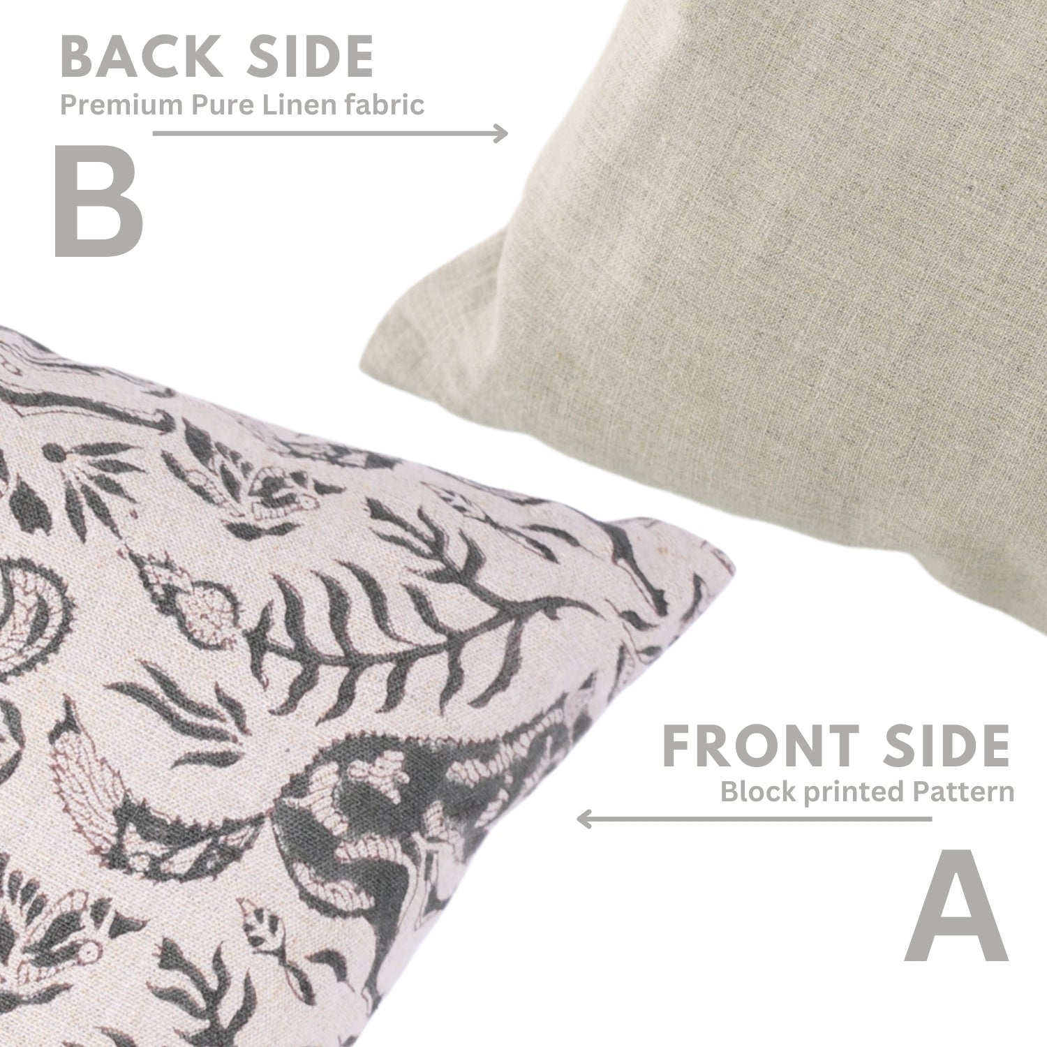 Hand Stamped Premium Pure Linen Cushion Protector with Brown & Gray Floral Design for Cozy Home Decor - MOON FOX