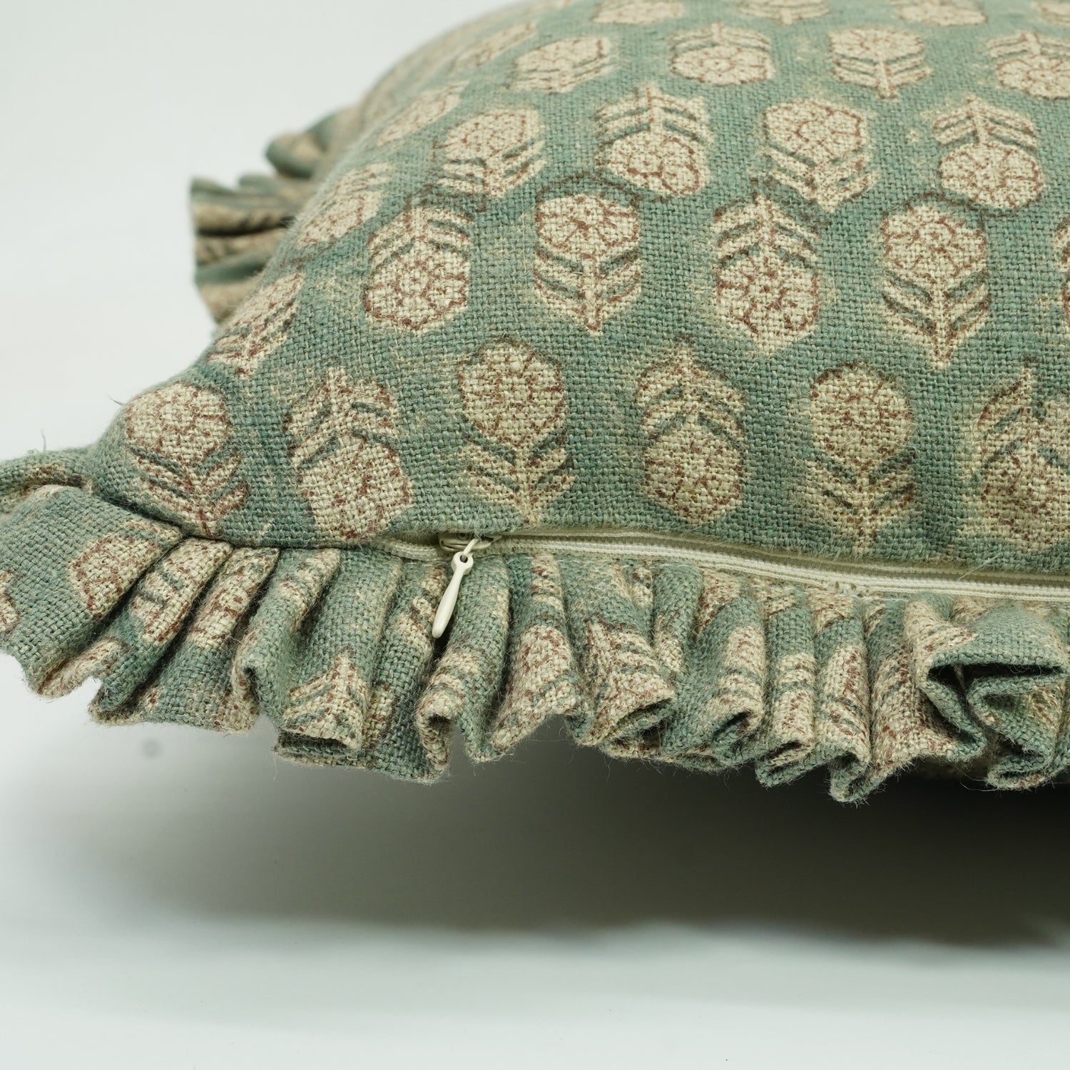 Block Printed Thick Linen Pillow Cover - Tulsi Buti