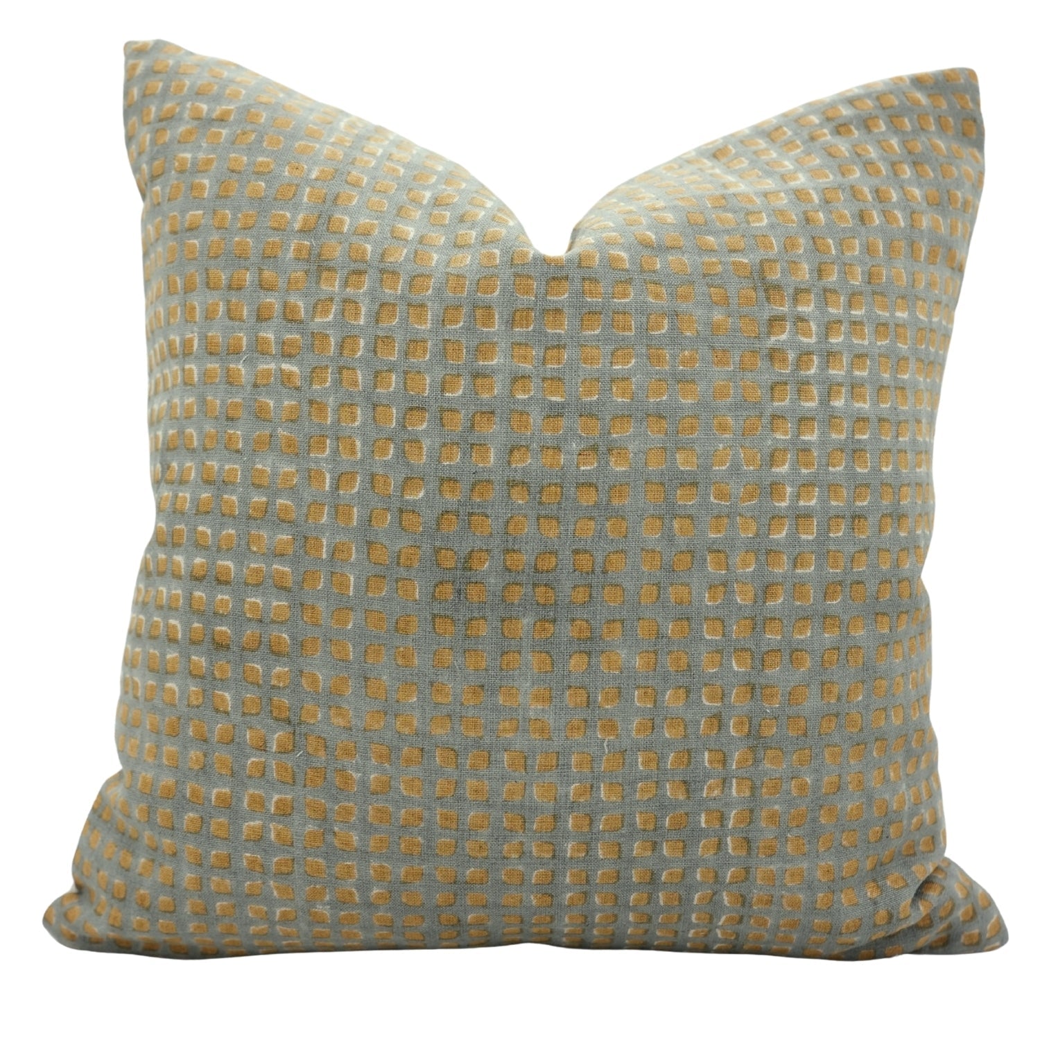 Artisan Handblock Printed Blue and Mustard Boho Floral Cushion Cover on Pure Linen for Farmhouse & Modern Interiors - KAVITA