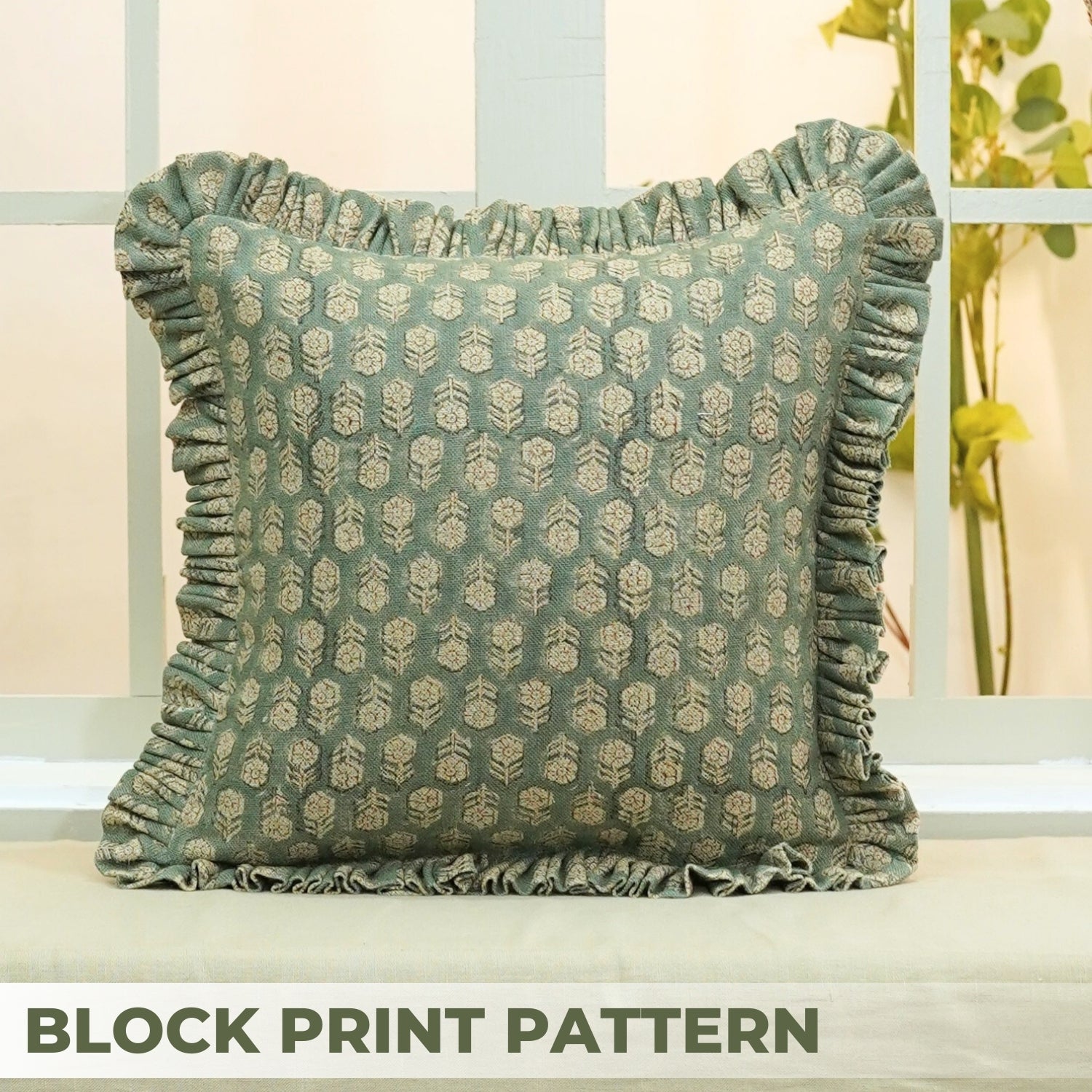 Block Printed Thick Linen Pillow Cover - Tulsi Buti