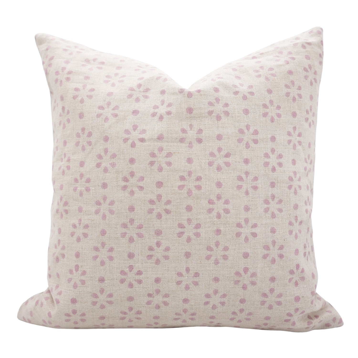 Pure Linen Handmade Pink & Gray Floral Pillow Cover with Block Print Detailing Perfect for Bedroom or Sofa Styling