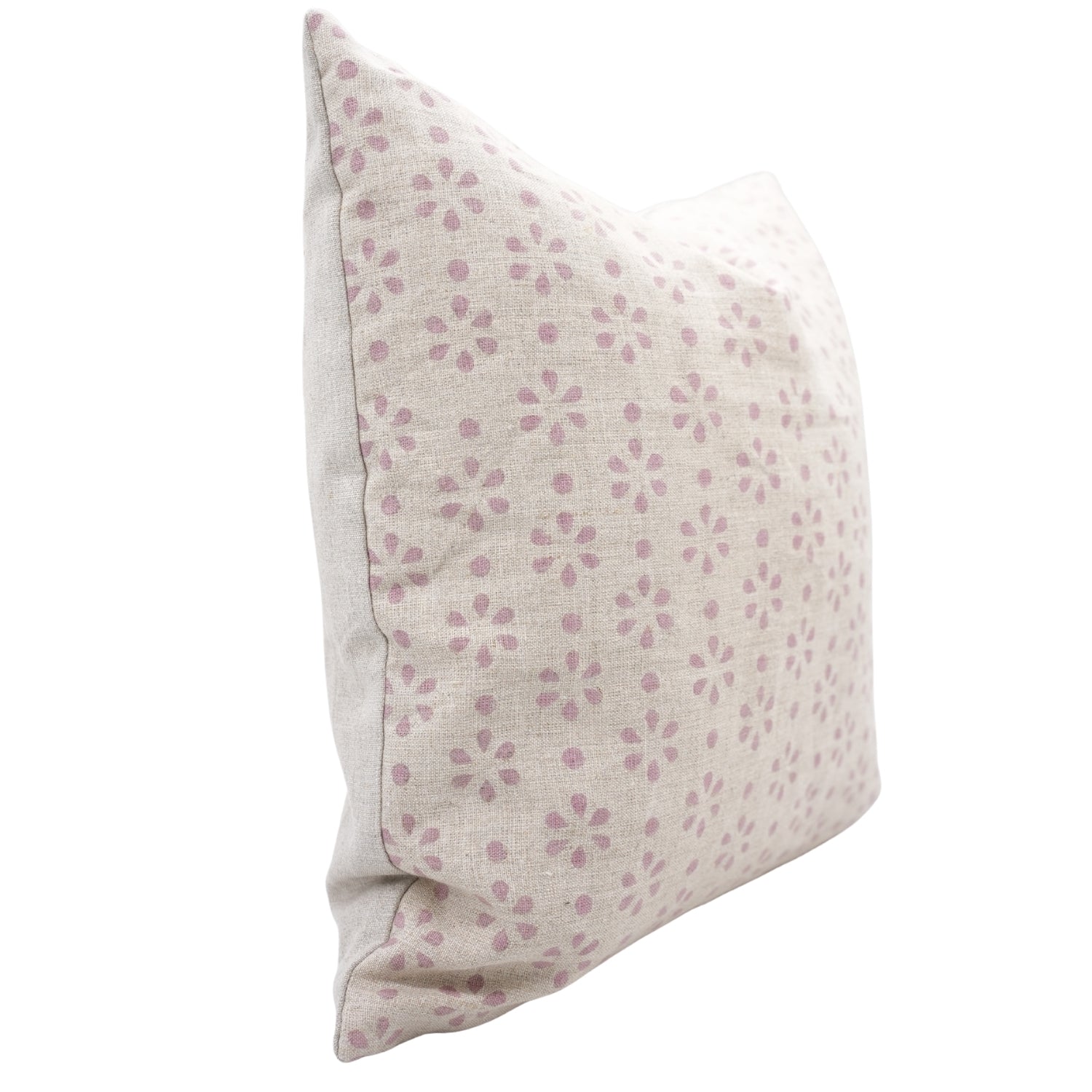 Pure Linen Handmade Pink & Gray Floral Pillow Cover with Block Print Detailing Perfect for Bedroom or Sofa Styling