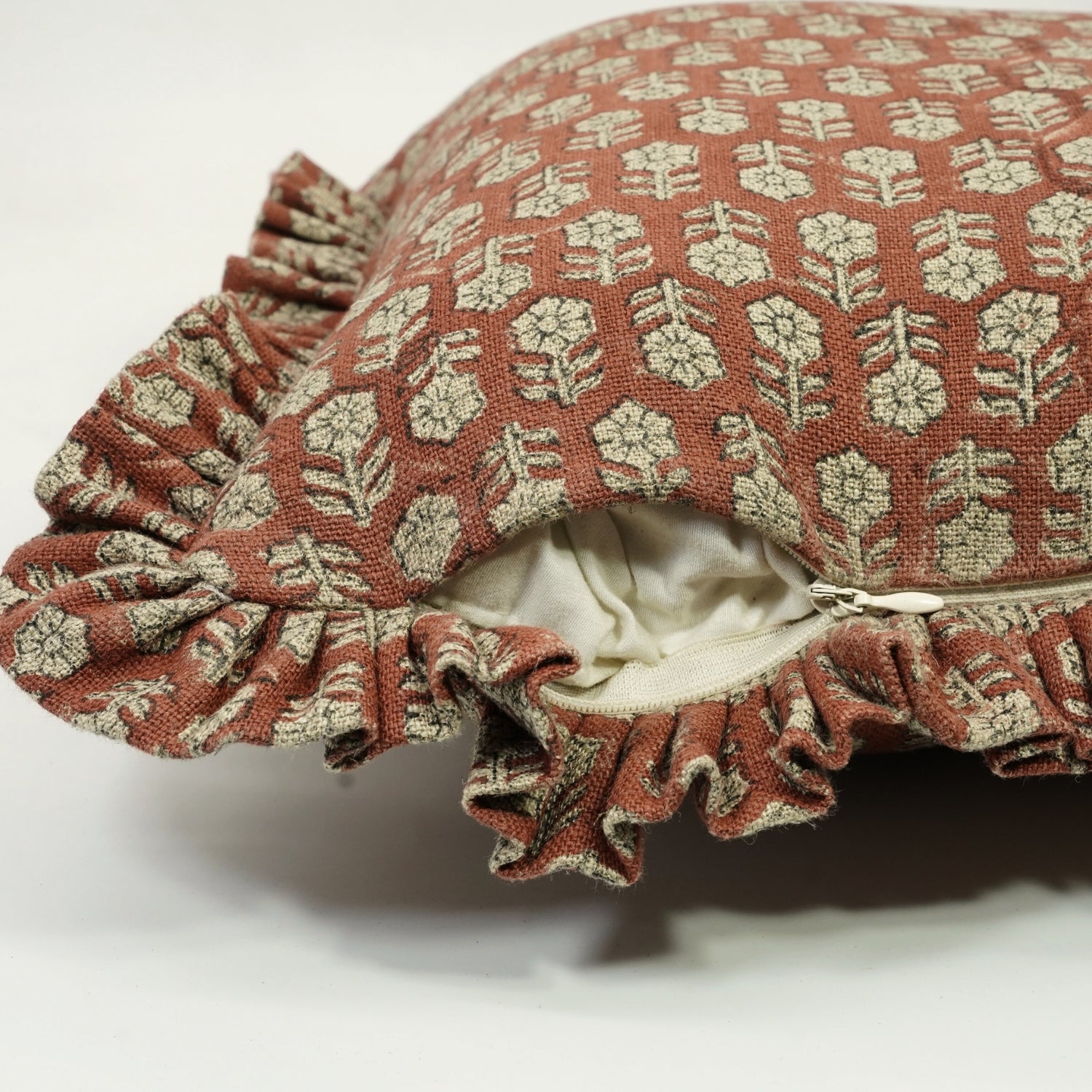 Block Printed Thick Linen Frill Pillow Cover - Tulsi Buti By Fabdivine