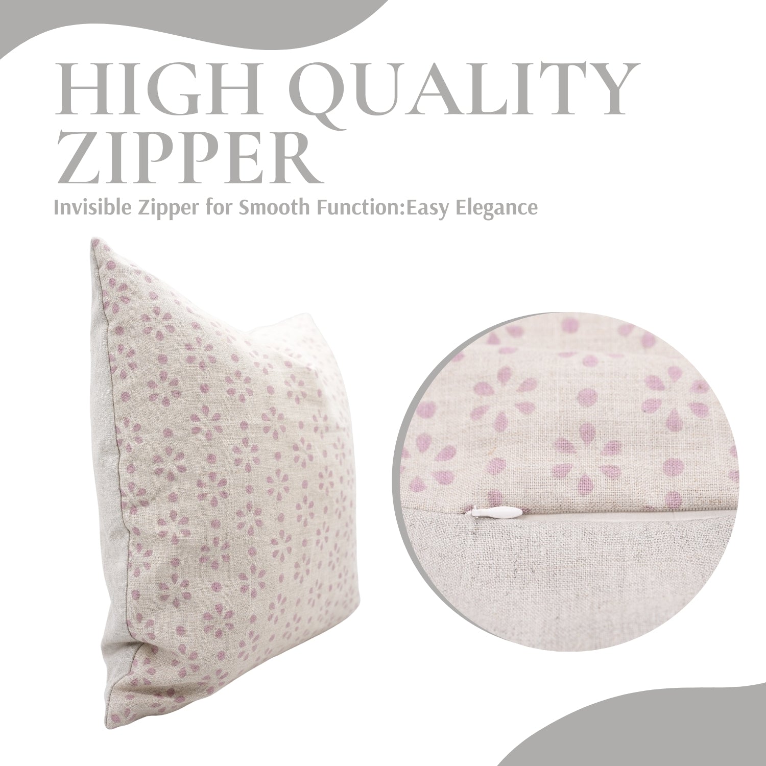 Pure Linen Handmade Pink & Gray Floral Pillow Cover with Block Print Detailing Perfect for Bedroom or Sofa Styling