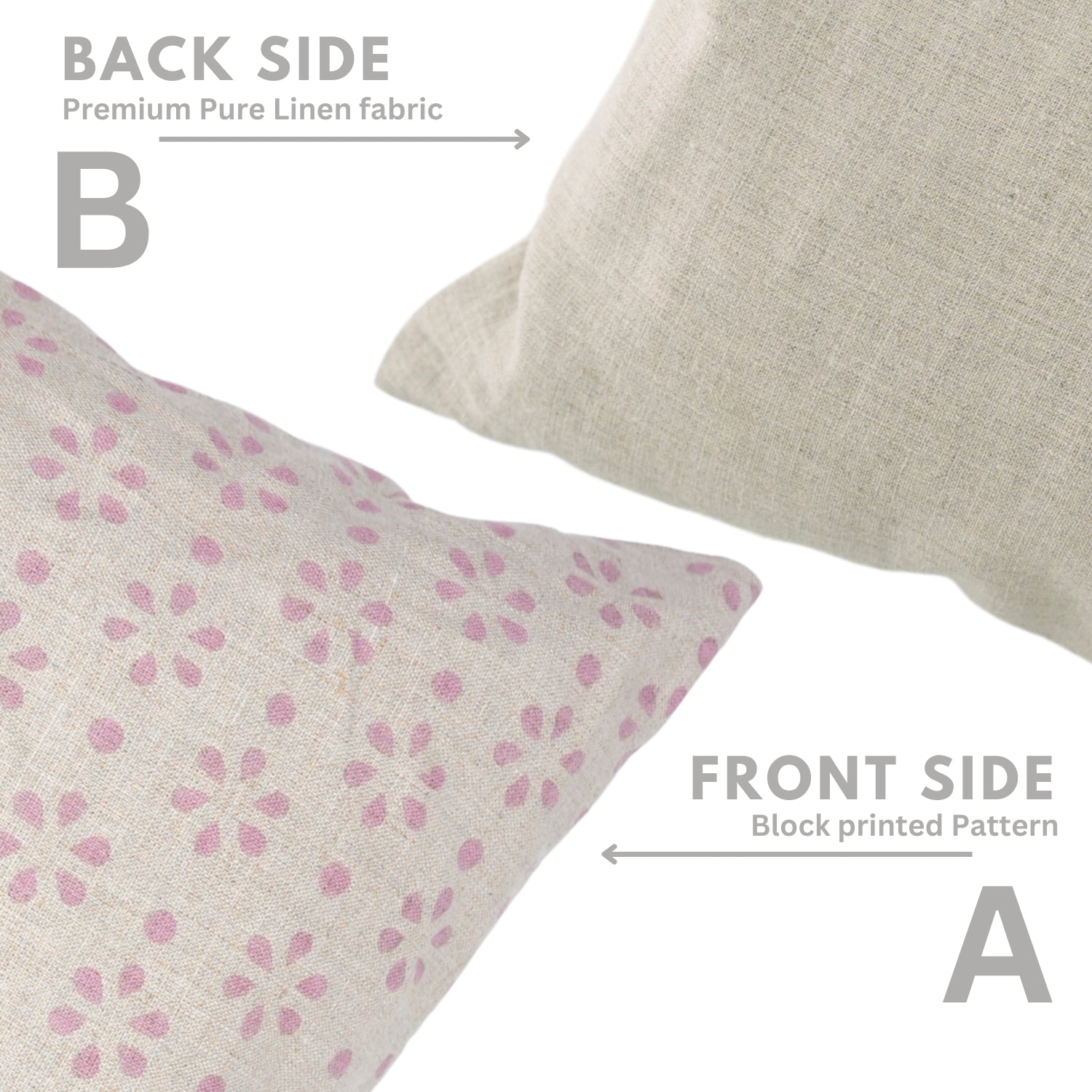 Pure Linen Handmade Pink & Gray Floral Pillow Cover with Block Print Detailing Perfect for Bedroom or Sofa Styling