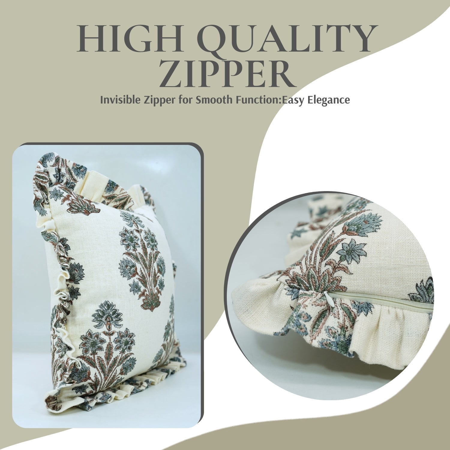 Block Printed Off-White Linen Frill Pillow Cover - Morpankh