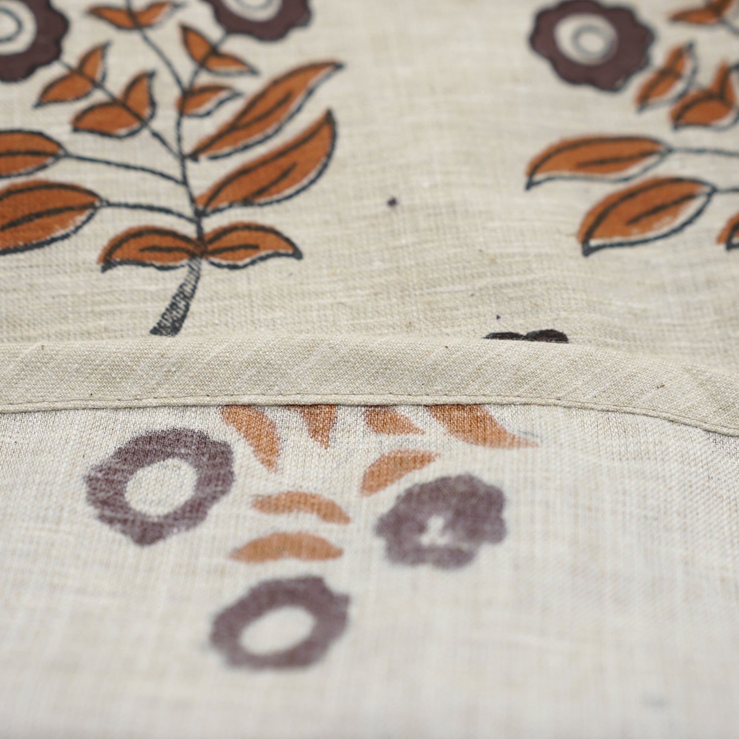 Linen Blend Block Printed Neha Modern Christmas Tree Skirts in Chocolate Brown & Bronze Floral for Gift Decor