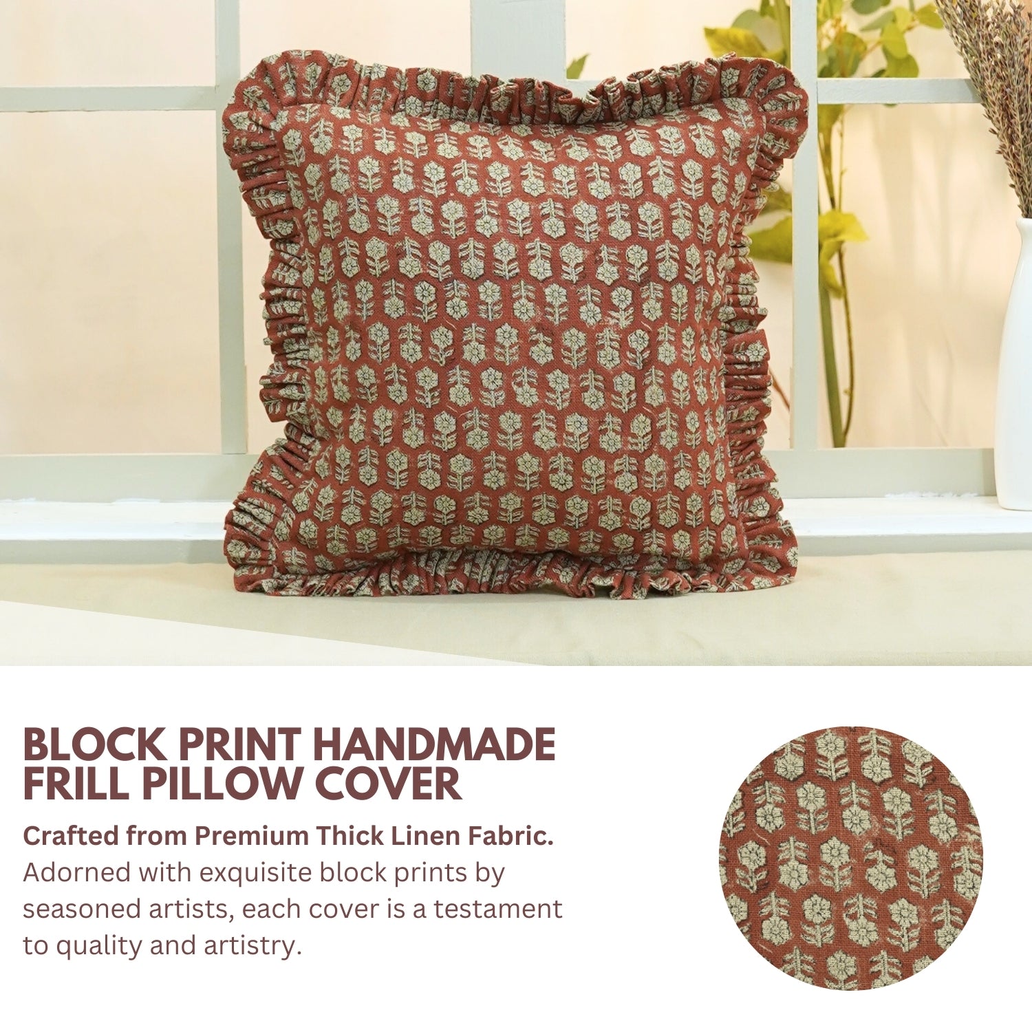 Handmade Floral Block Printed Thick Linen Frill Pillow Cases - Tulsi Buti
