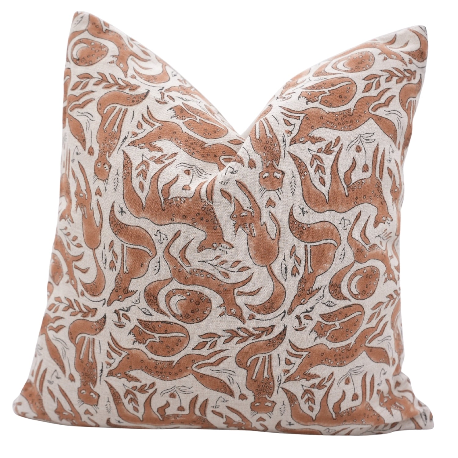 Handcrafted Indian Block Printed Brown Floral Cushion Case on Pure Linen Boho Accent for Living Room Decor - GEHRAVAN