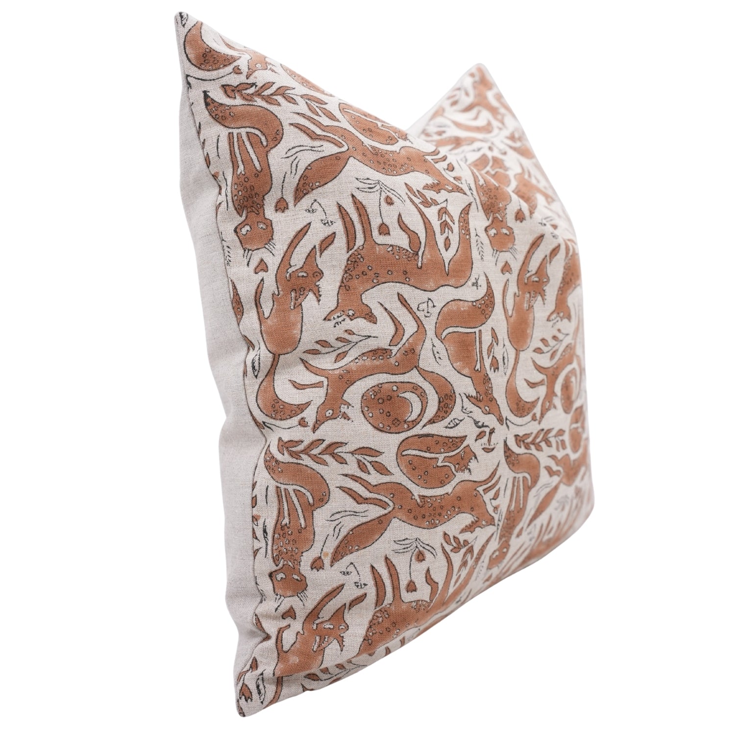 Handcrafted Indian Block Printed Brown Floral Cushion Case on Pure Linen Boho Accent for Living Room Decor - GEHRAVAN
