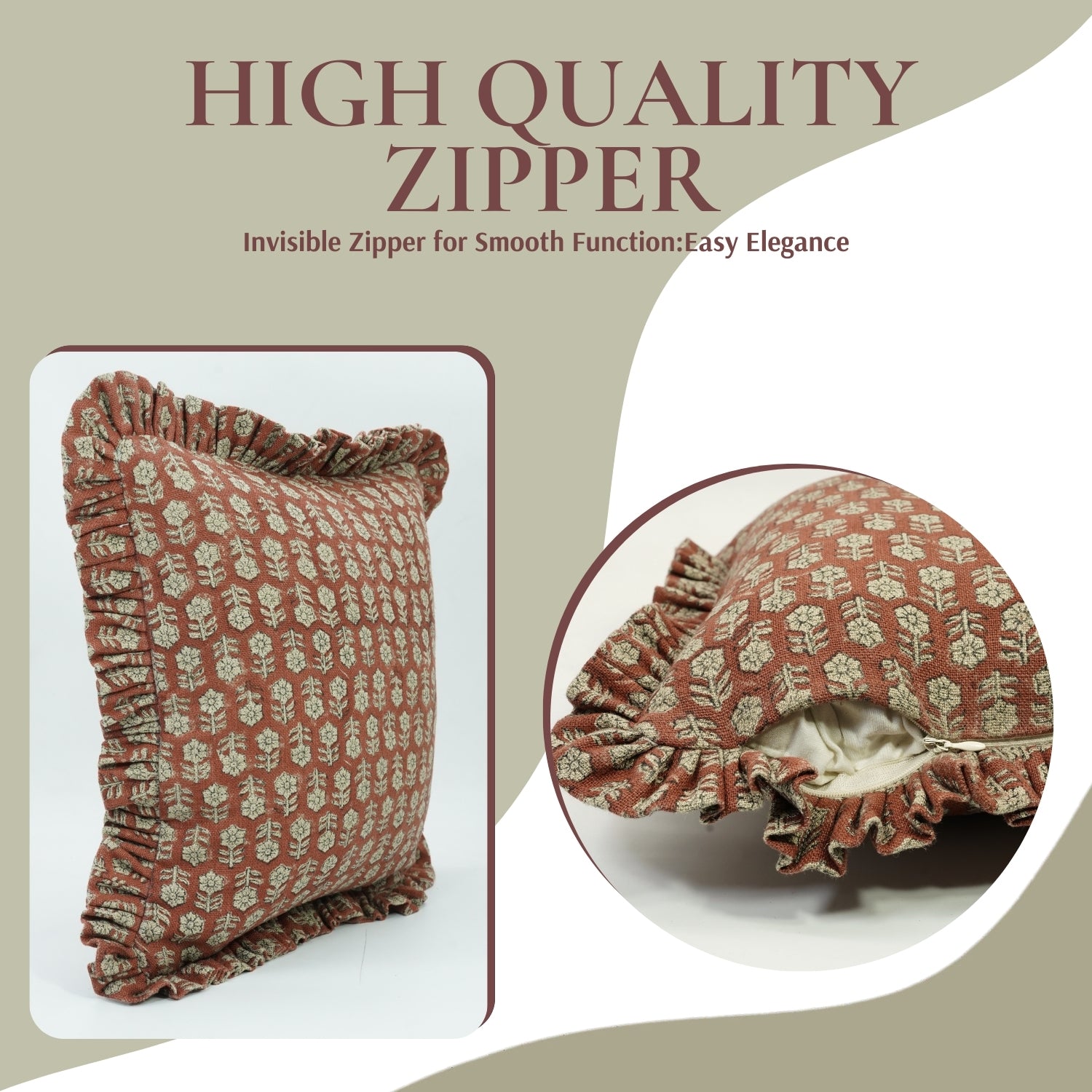 Handmade Floral Block Printed Thick Linen Frill Pillow Cases - Tulsi Buti