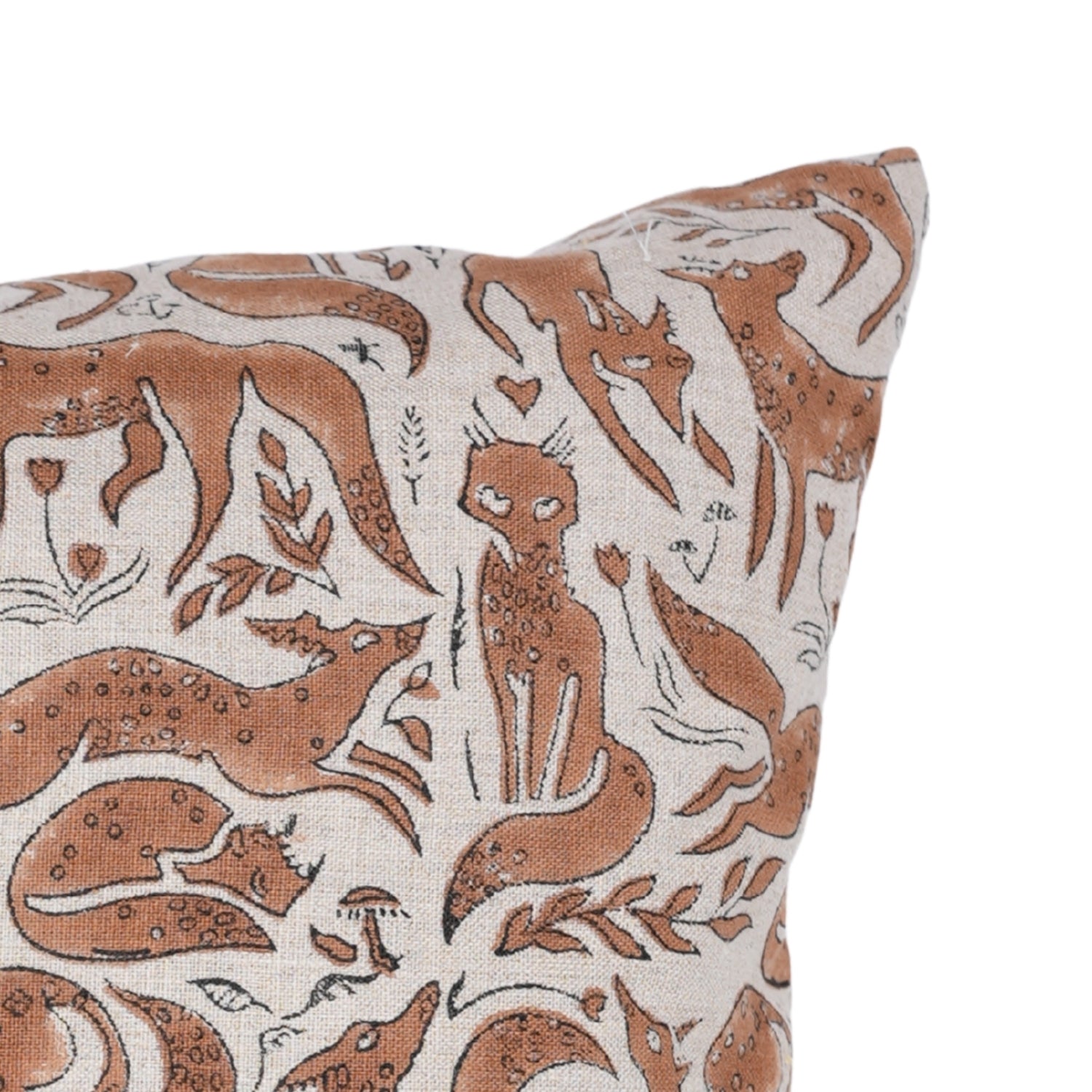 Handcrafted Indian Block Printed Brown Floral Cushion Case on Pure Linen Boho Accent for Living Room Decor - GEHRAVAN