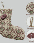 Hand Block Printed Pure Linen Christmas Stocking in Wine & Gray Floral Holiday Decor with Pom Pom Tassel - Hridyavan