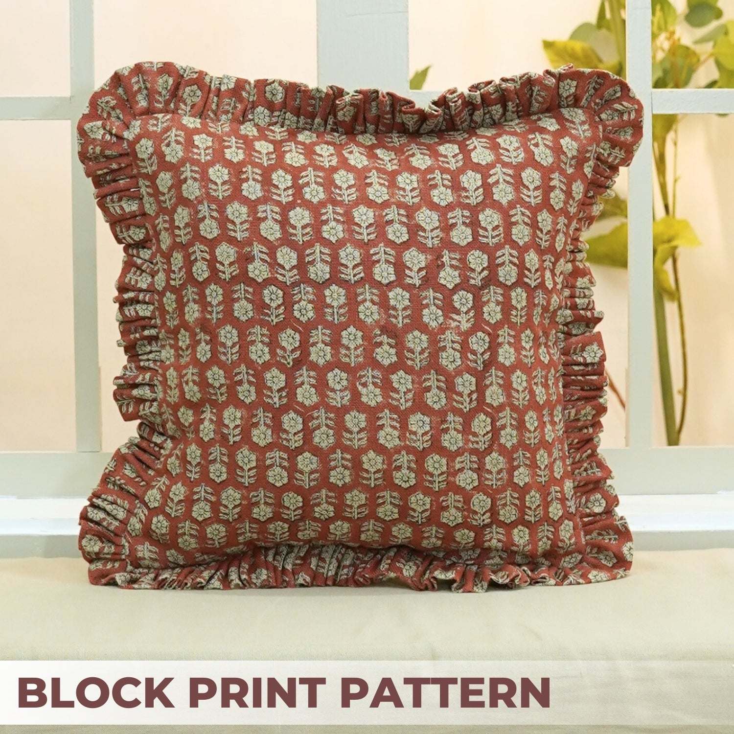 Block Printed Thick Linen Frill Pillow Cover - Tulsi Buti By Fabdivine