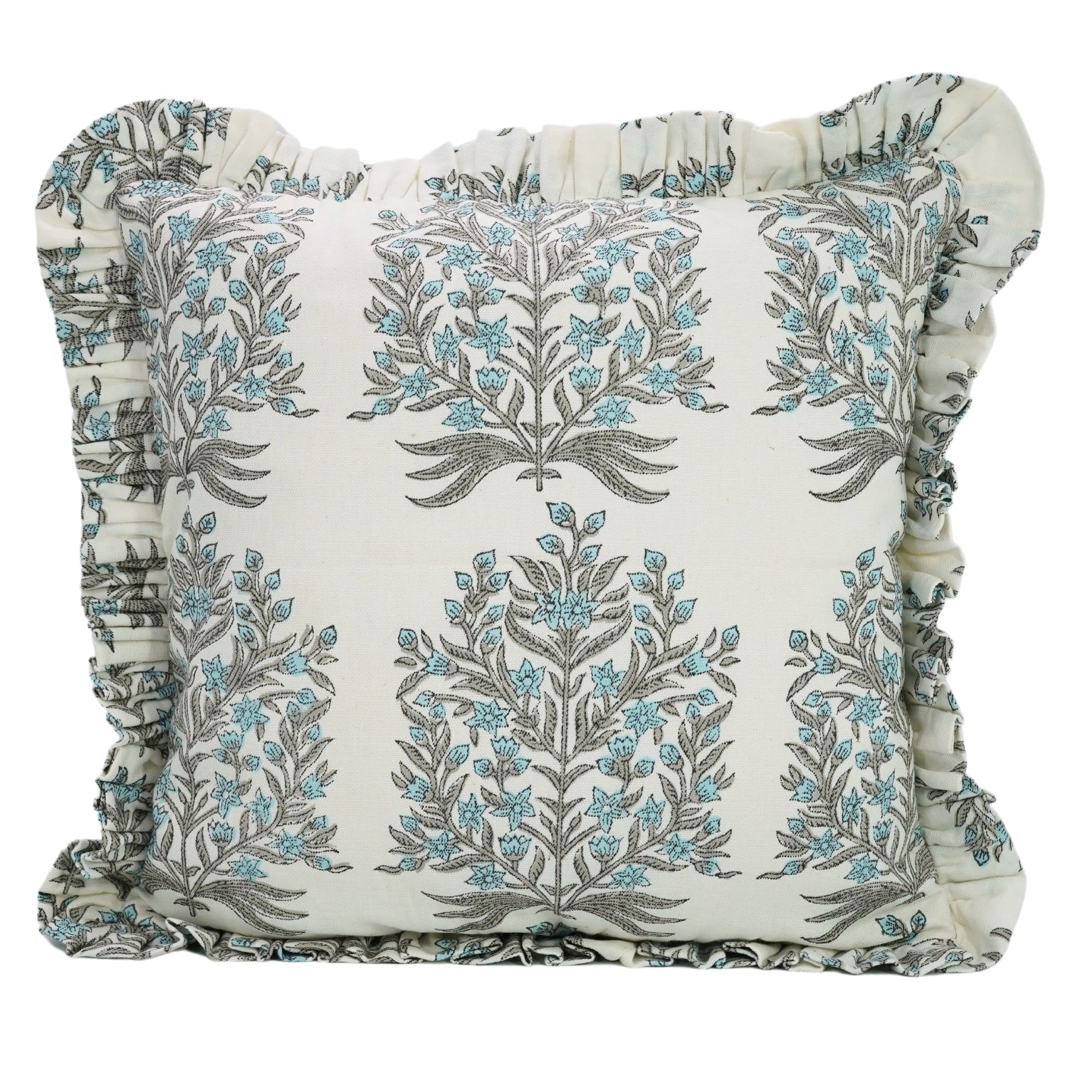 Block Printed Thick Cotton White Pillow Cover - Vrindavan