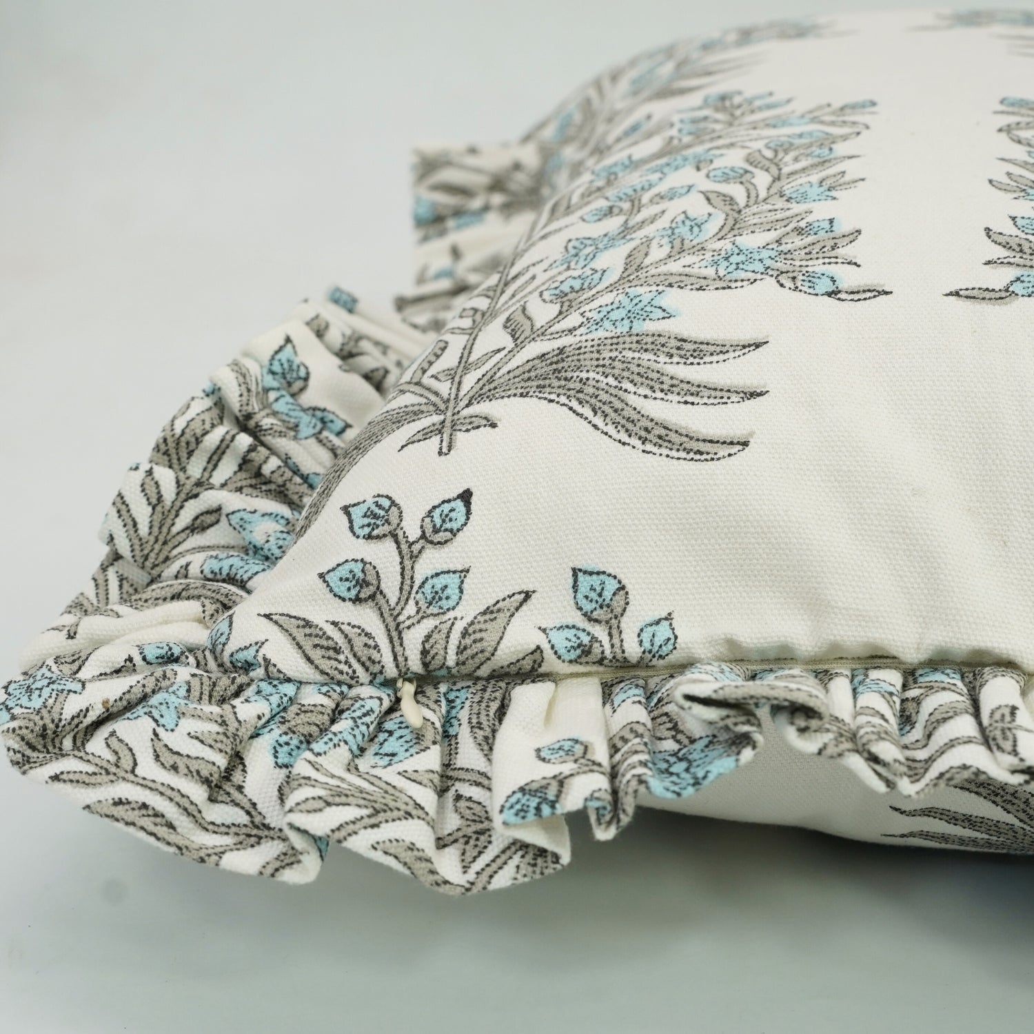 Block Printed Thick Cotton White Pillow Cover - Vrindavan