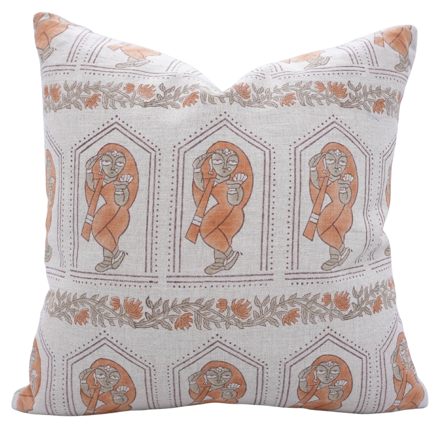 Hand Stamped Orange and Gray Floral Pillow Case in Natural 100% Pure Linen Ideal for Farmhouse or Rustic Interiors - SUNDARI