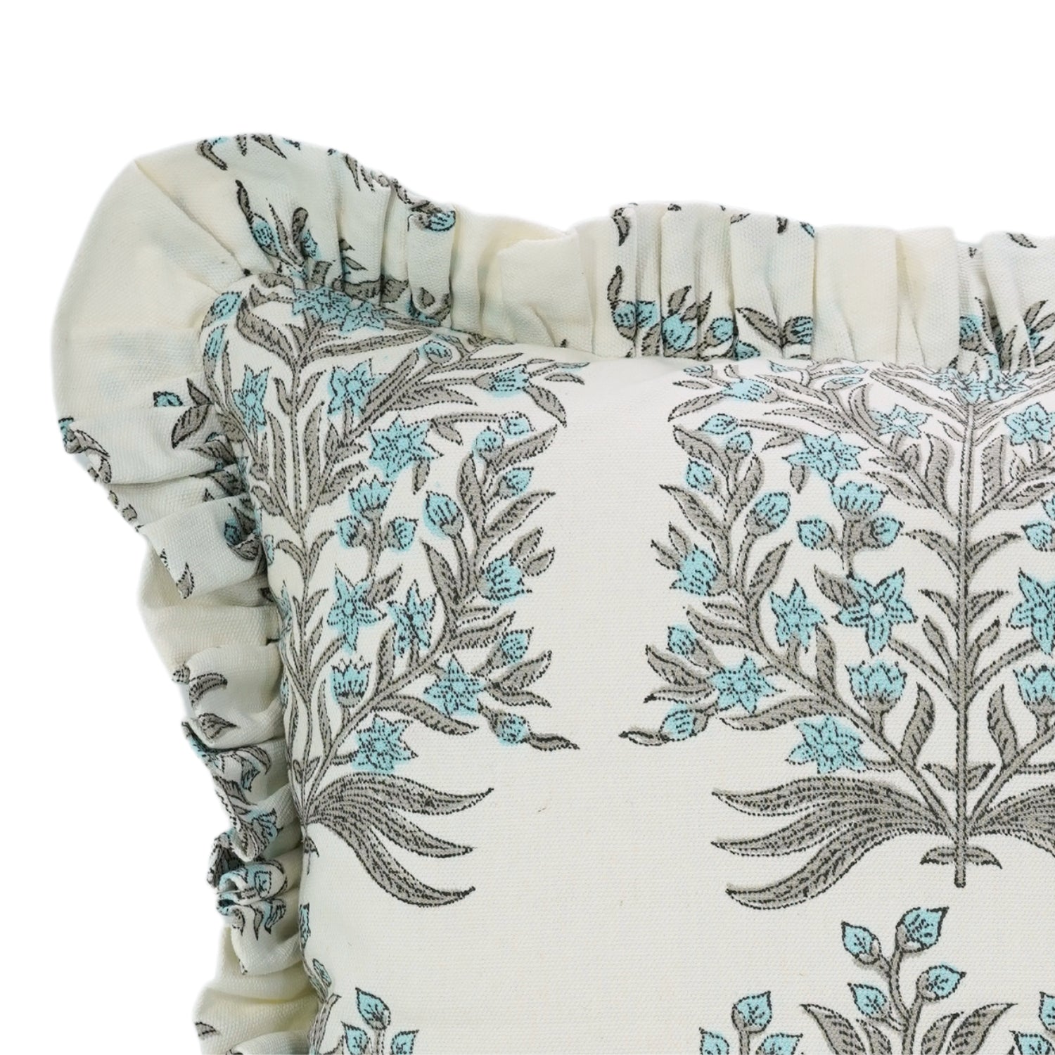 Block Printed Thick Cotton White Pillow Cover - Vrindavan